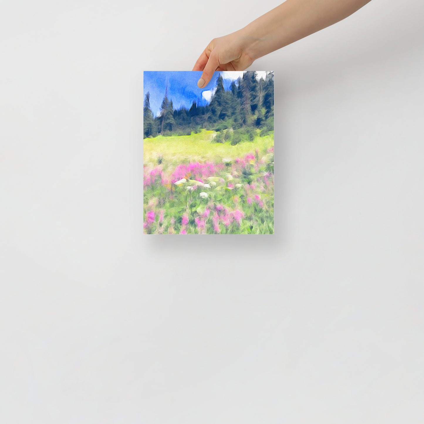 And the Earth, She Still Found Places to Bloom wall art with colorful wildflowers for bedrooms, bringing uplifting mountain scenery indoors.