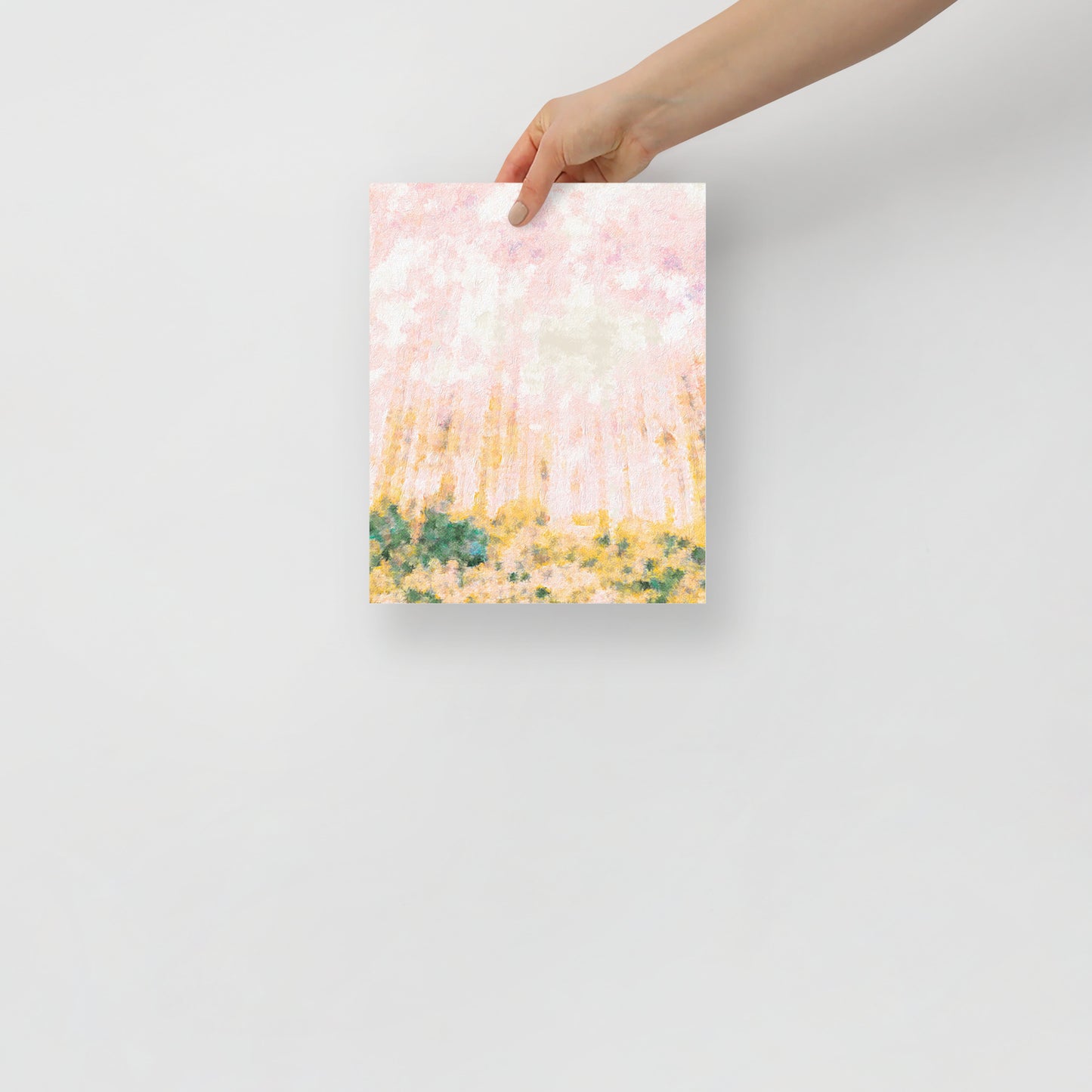 Abstract art print, Pillars of Light, adding depth and natural inspiration to a modern bedroom setting.
