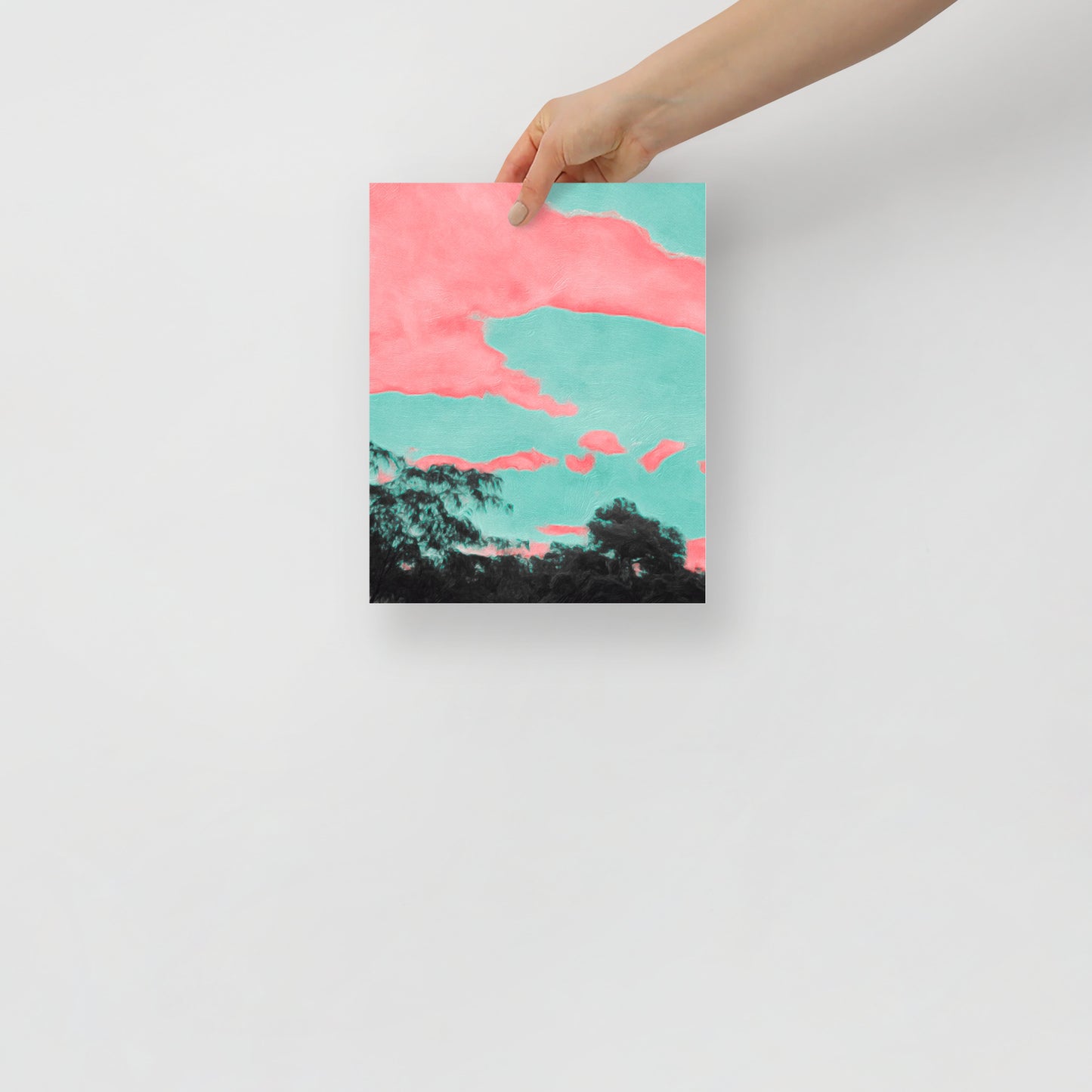 Abstract landscape art print, Reflections on Color, adding dynamic color and energy to a bright bedroom setting.