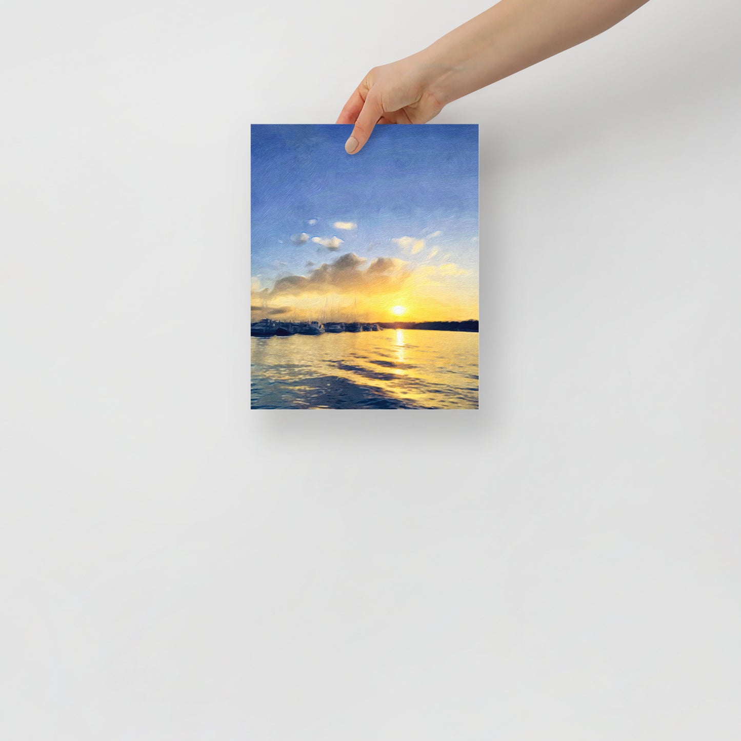Sunset at Broad Creek Marina print with vibrant evening sky, for cozy decor and serene coastal ambiance.