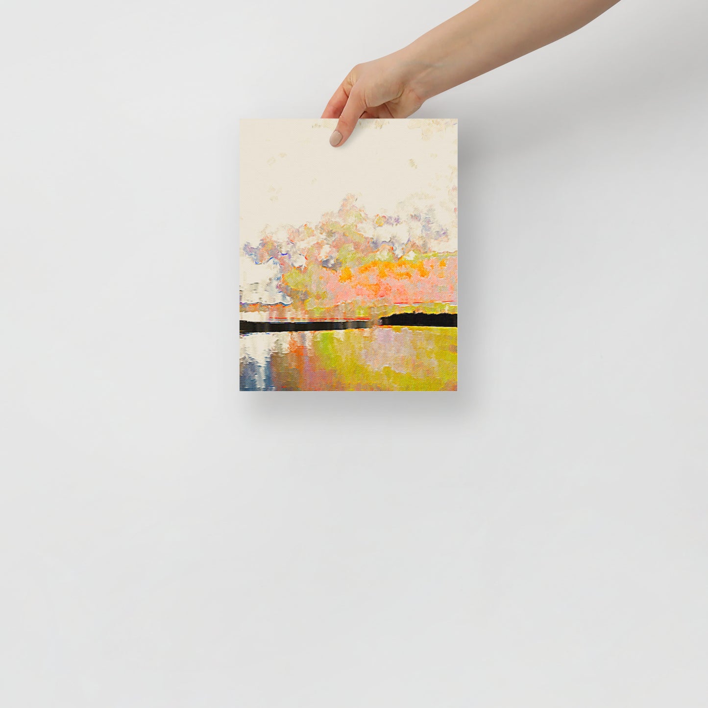 Abstract coastal art print, Vibrant Reflections, bringing dynamic energy to a minimalist bedroom setting.
