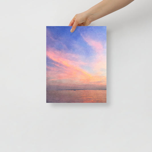 A Blurry but Beautiful Horizon art print featuring a soft Hilton Head sunset in dreamy pink and blue tones, for tranquil living room decor.