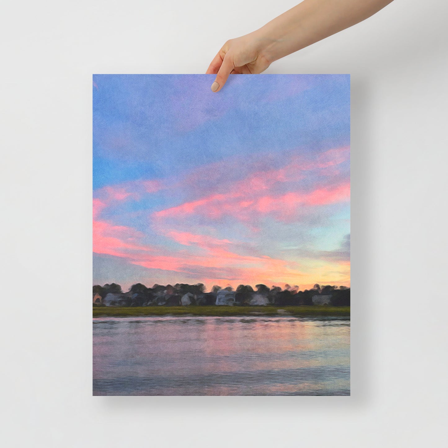 Close-up of A Quiet Flood print showing peaceful marsh scene with soft blue and green tones, perfect for coastal wall decor.