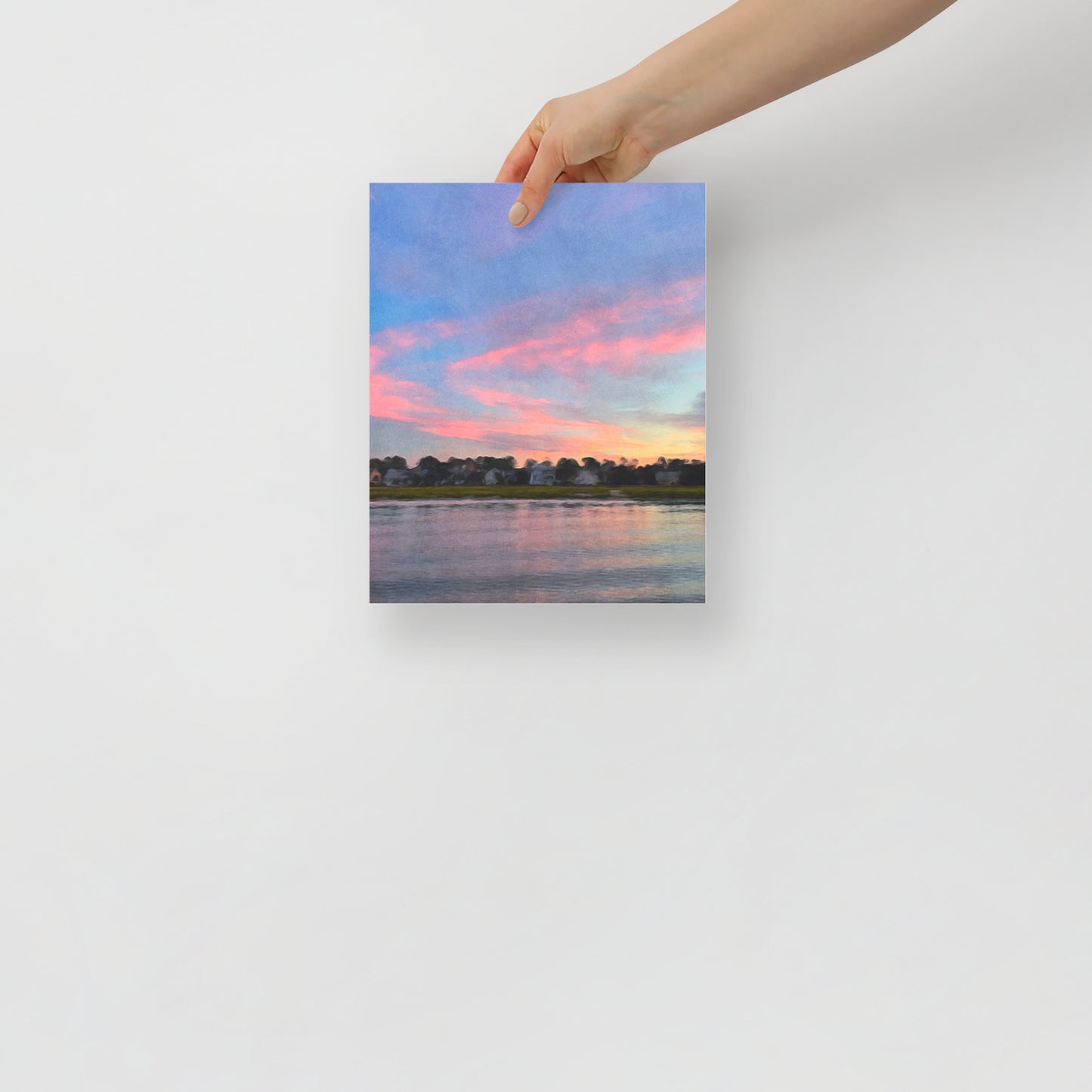 A Quiet Flood art print featuring Hilton Head high tide landscape, displayed in serene home office with coastal-inspired accents.