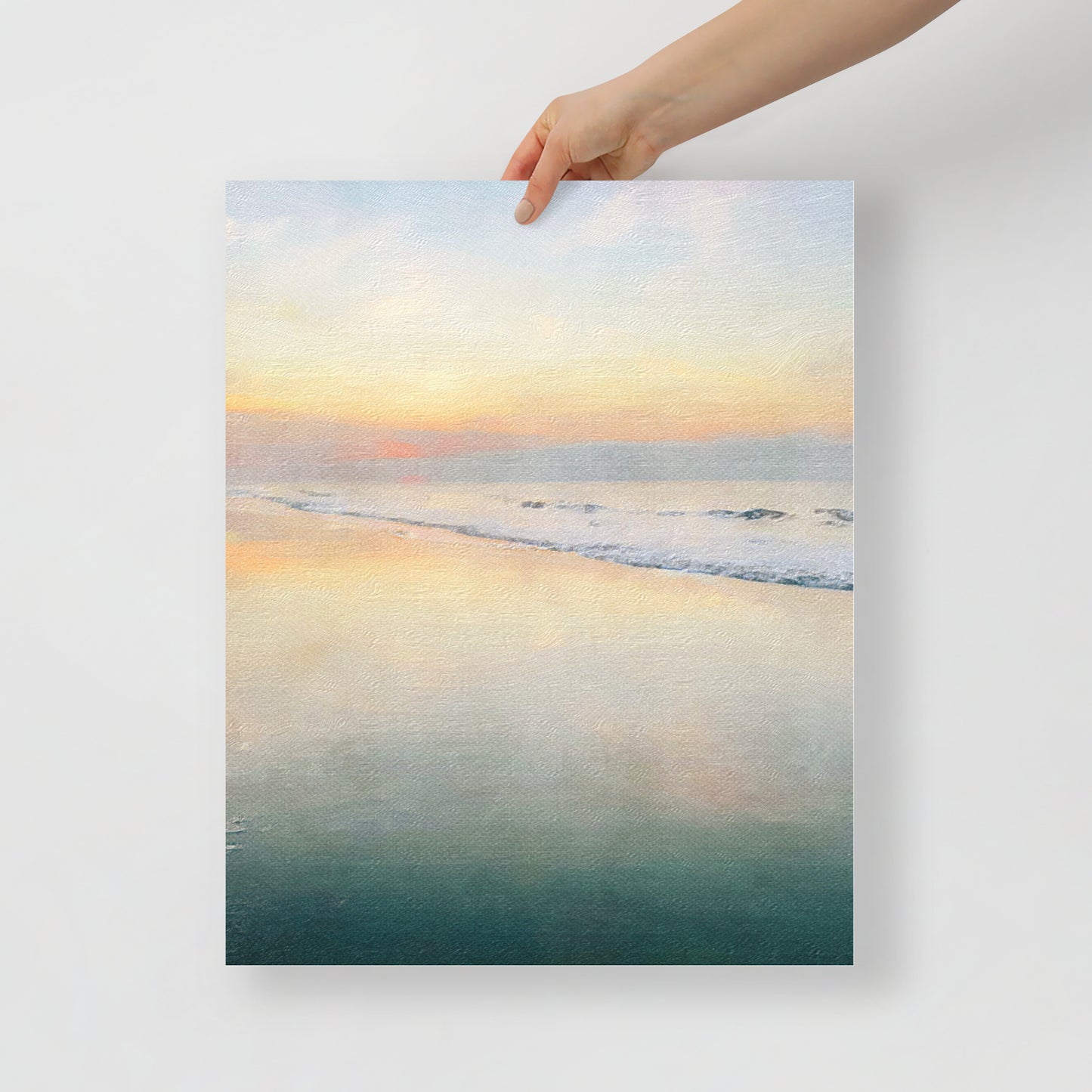 Close-up of A Soft Place print, highlighting soft pink and blue sunrise hues along the Hilton Head shoreline for a peaceful wall accent.