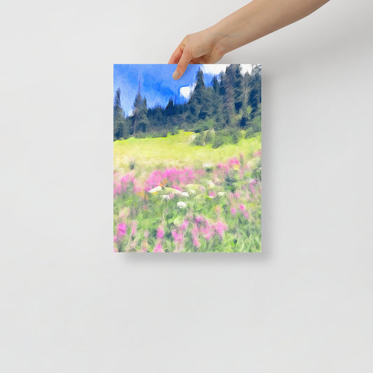 And the Earth, She Still Found Places to Bloom mountain art print with vibrant Colorado wildflowers for rustic home decor.
