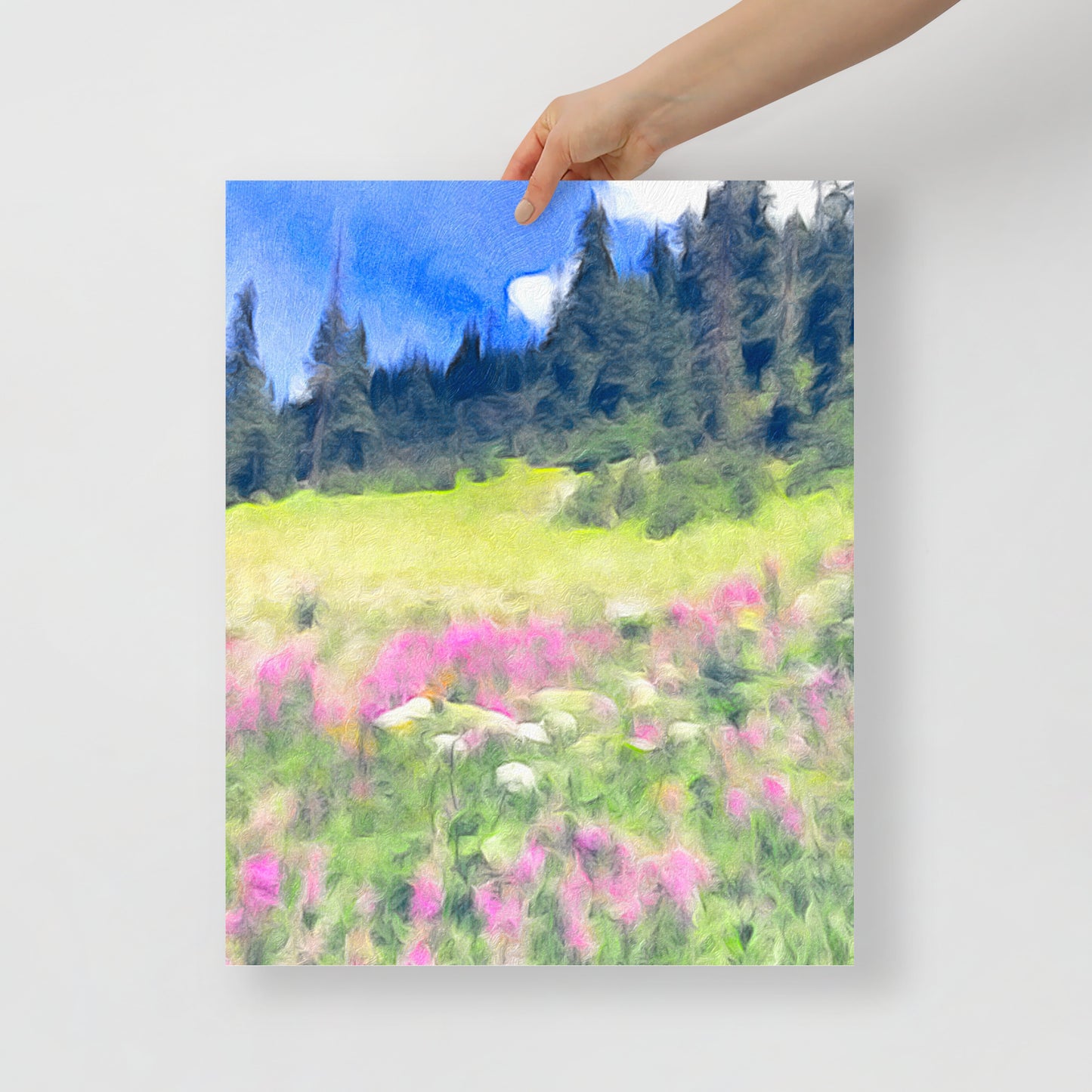 Detailed view of And the Earth, She Still Found Places to Bloom art print, highlighting blooming wildflowers against Colorado mountain backdrop.