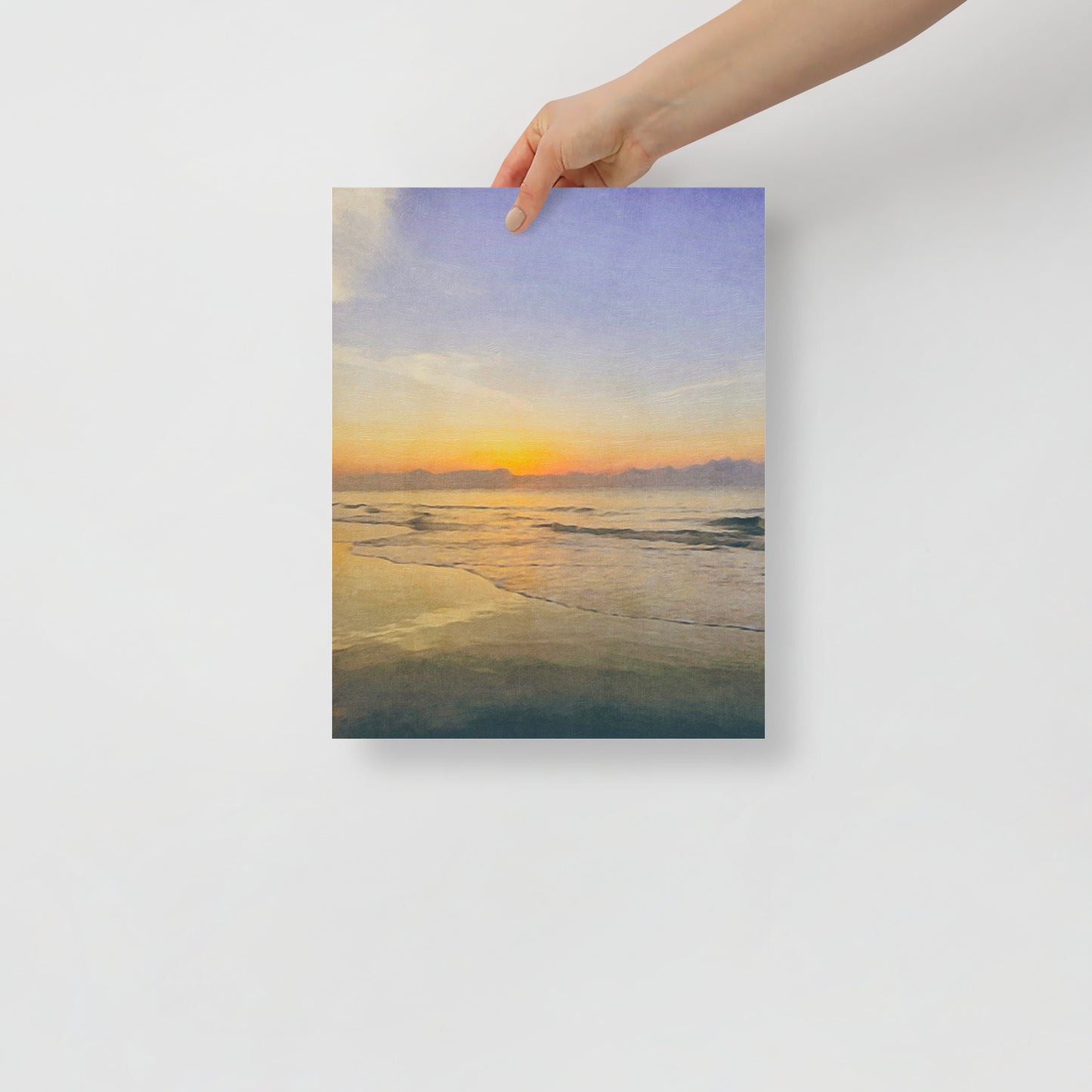 At the Water’s Edge art print featuring Hilton Head shoreline with calm ocean waves, best for serene coastal living room decor.