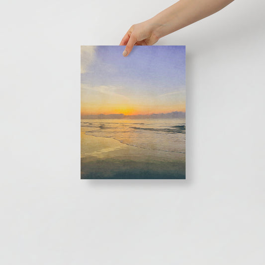 At the Water’s Edge art print featuring Hilton Head shoreline with calm ocean waves, best for serene coastal living room decor.