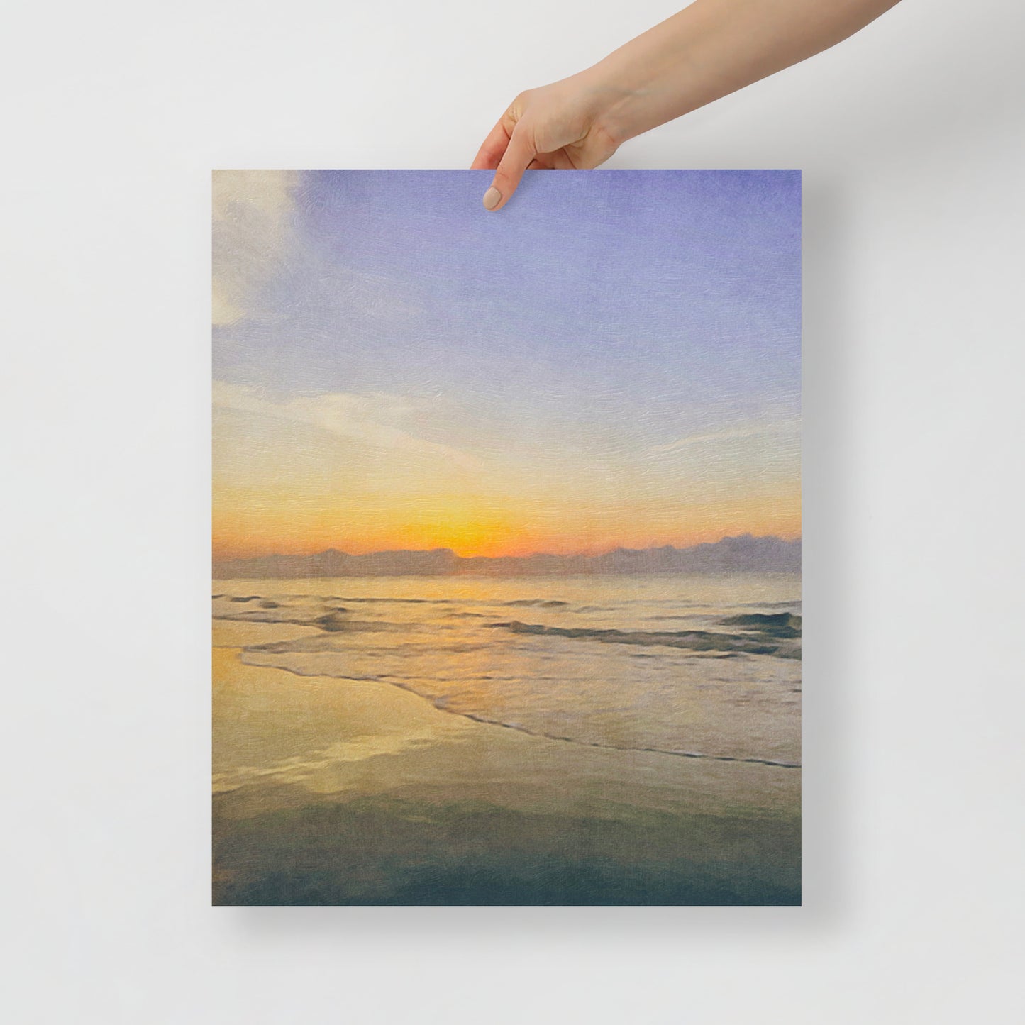Close-up of At the Water’s Edge print, highlighting gentle waves and soft sand for a peaceful beachside feel.