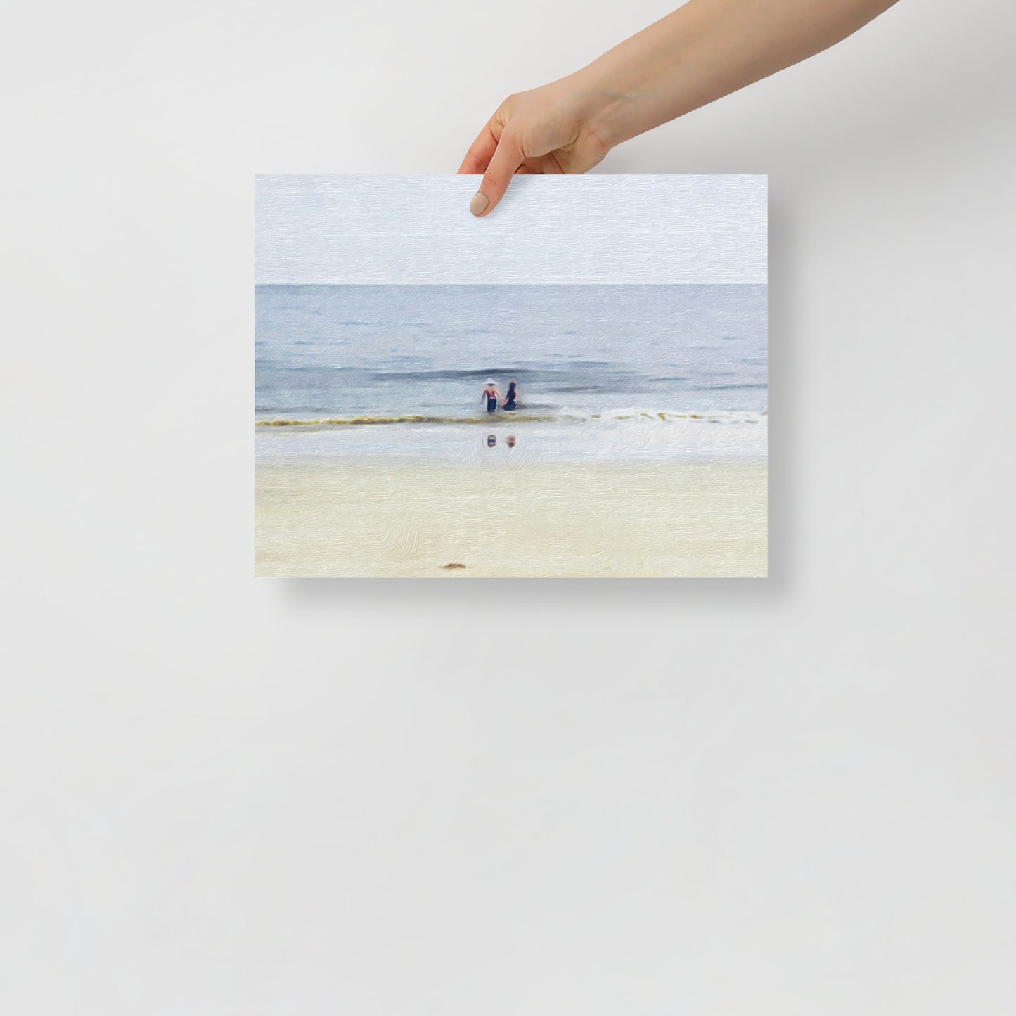 Beach Day 1 art print featuring children playing on Hilton Head beach with bright ocean waves, for coastal-inspired home decor.