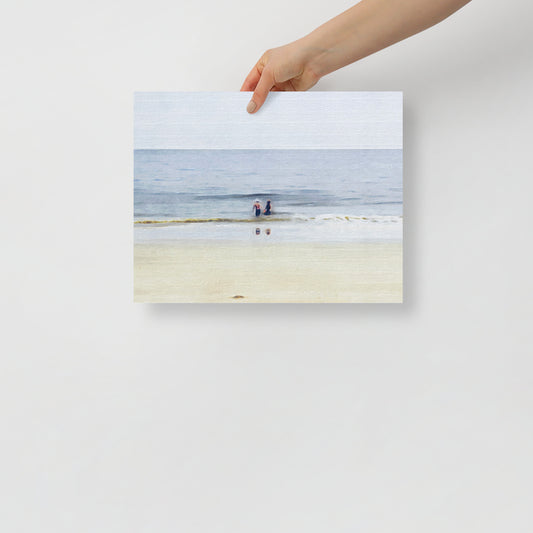 Beach Day 1 art print featuring children playing on Hilton Head beach with bright ocean waves, for coastal-inspired home decor.