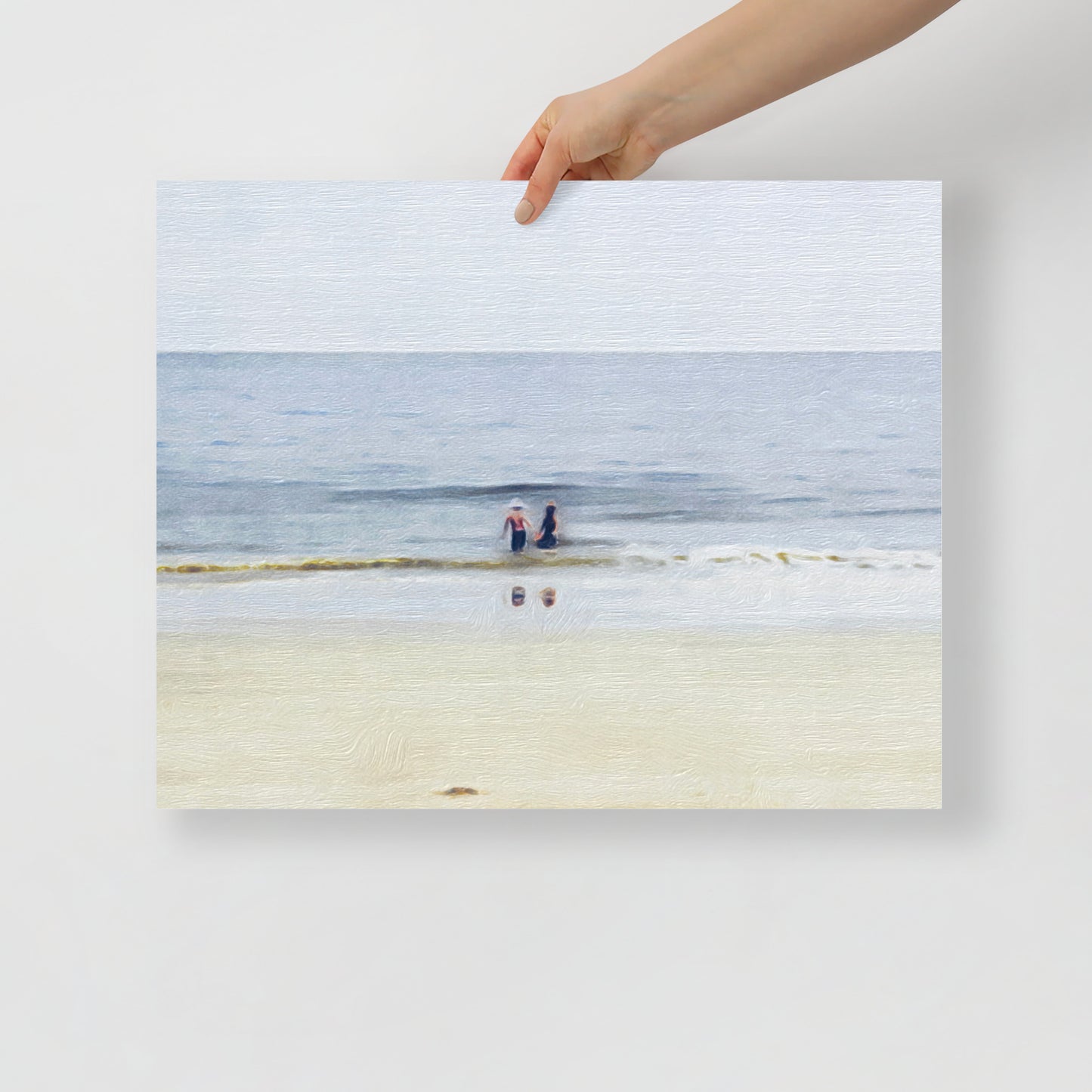 Close-up of Beach Day 1 print showing beach scene with children and ocean shoreline, perfect for cheerful wall decor.