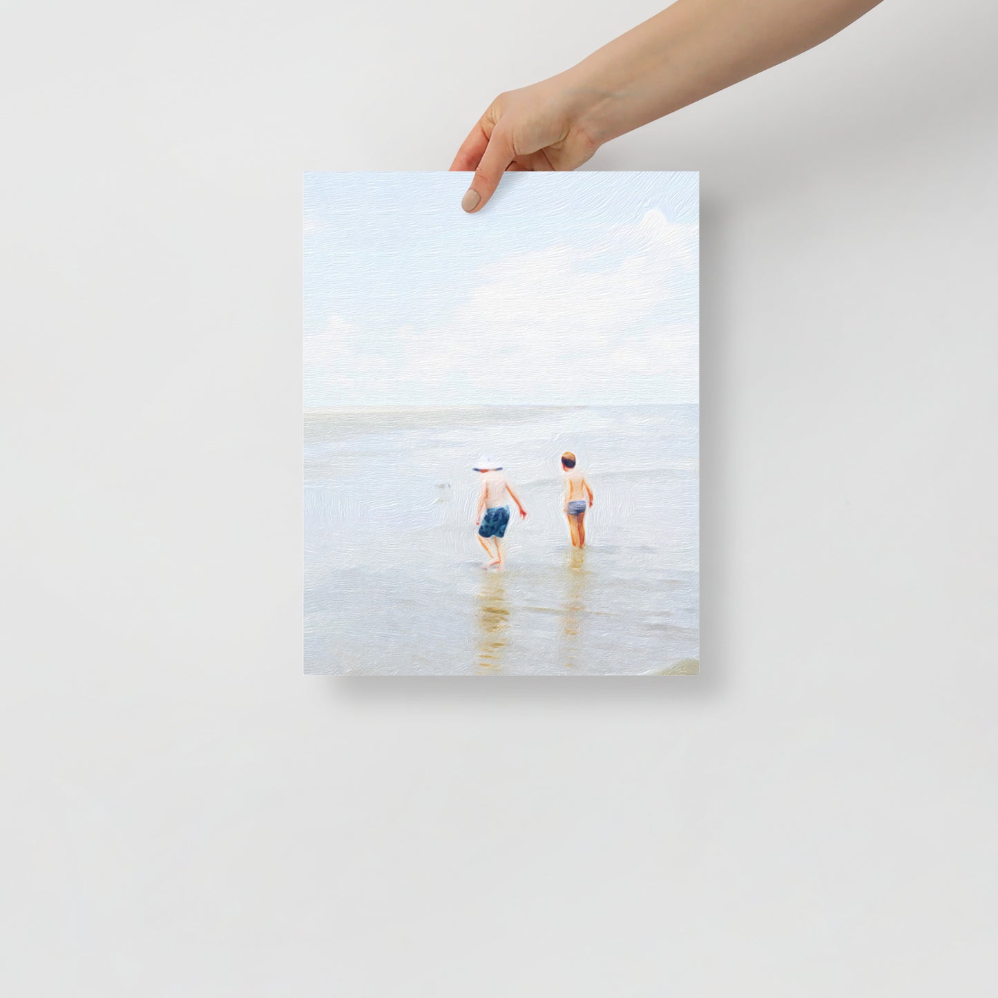 Beach Day 2 art print featuring children playing on a Hilton Head beach under a sunny sky, for a coastal-themed living room.