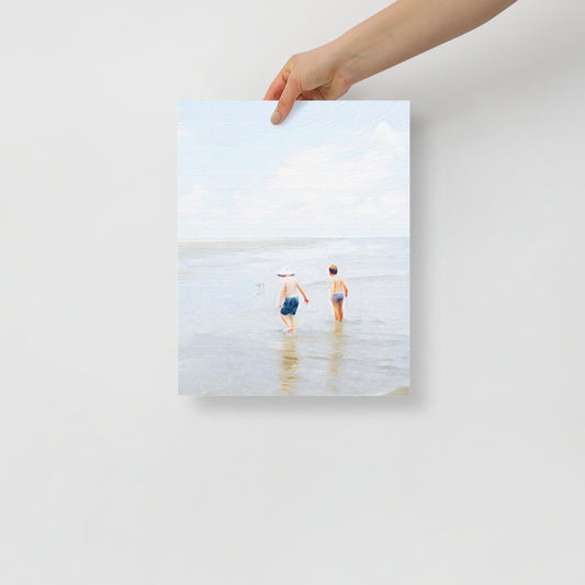 Beach Day 2 art print featuring children playing on a Hilton Head beach under a sunny sky, for a coastal-themed living room.