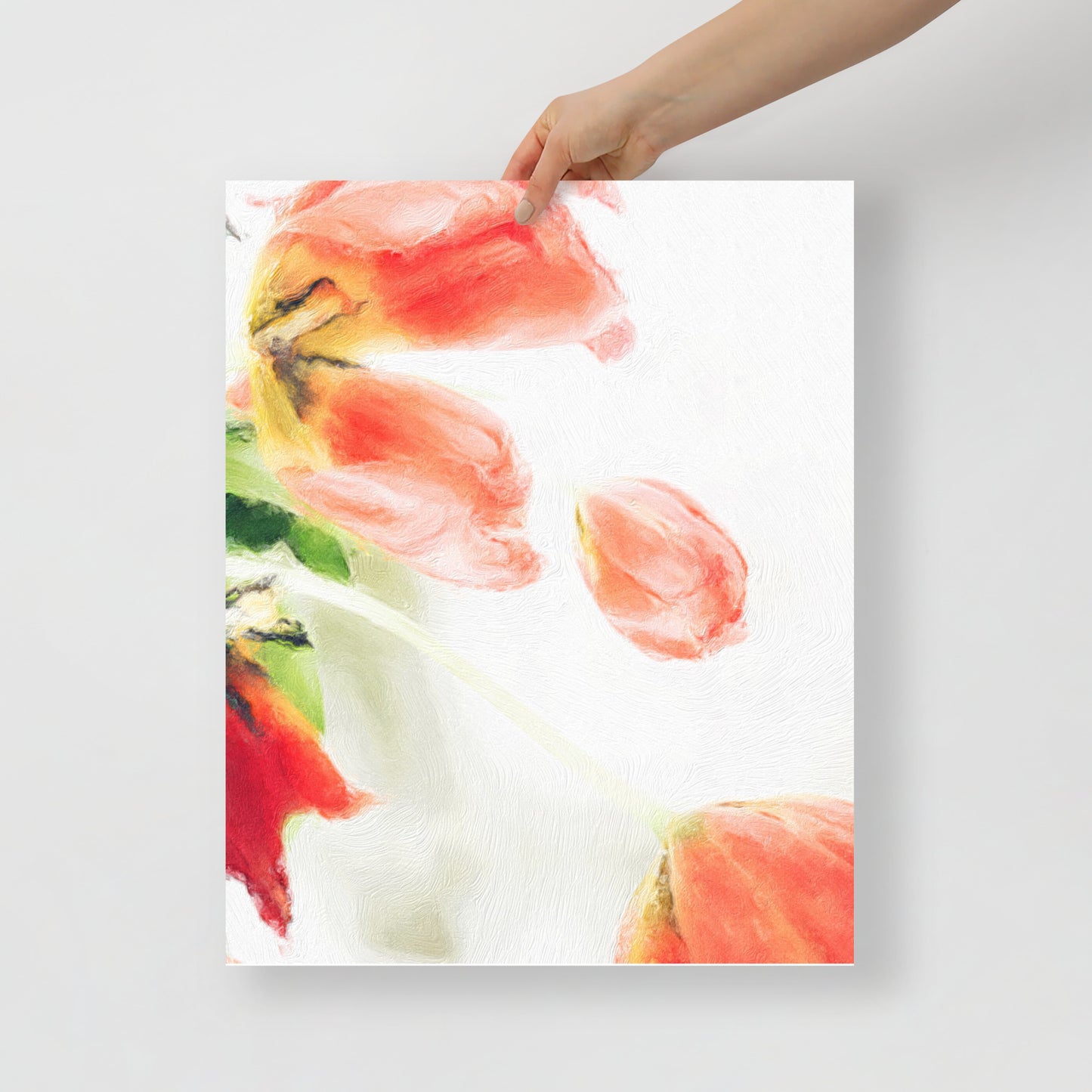 Close-up of Between Bloom and Fade tulip print with classic pink and white tones.