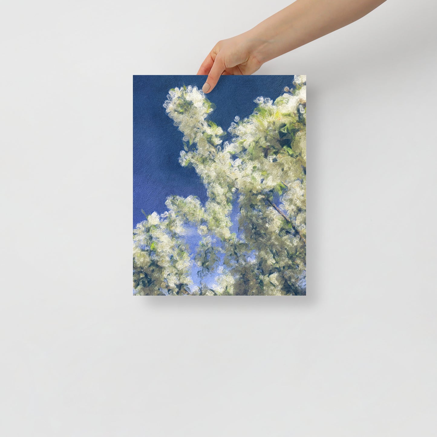 Blooming Sky art print featuring tree blossoms against a vibrant blue sky, for a bright, modern living room decor.