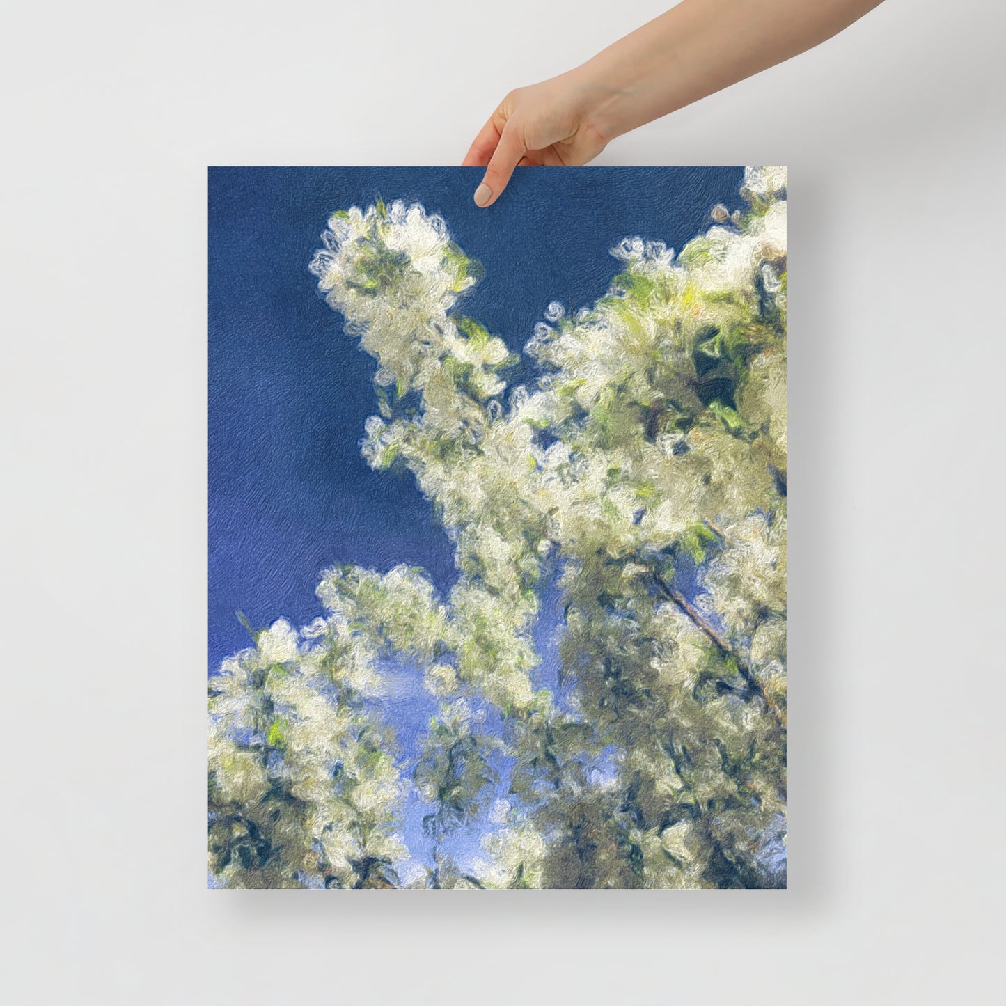 Close-up of Blooming Sky print, showcasing detailed tree blossoms and rich sky tones, ideal for bold floral wall decor.