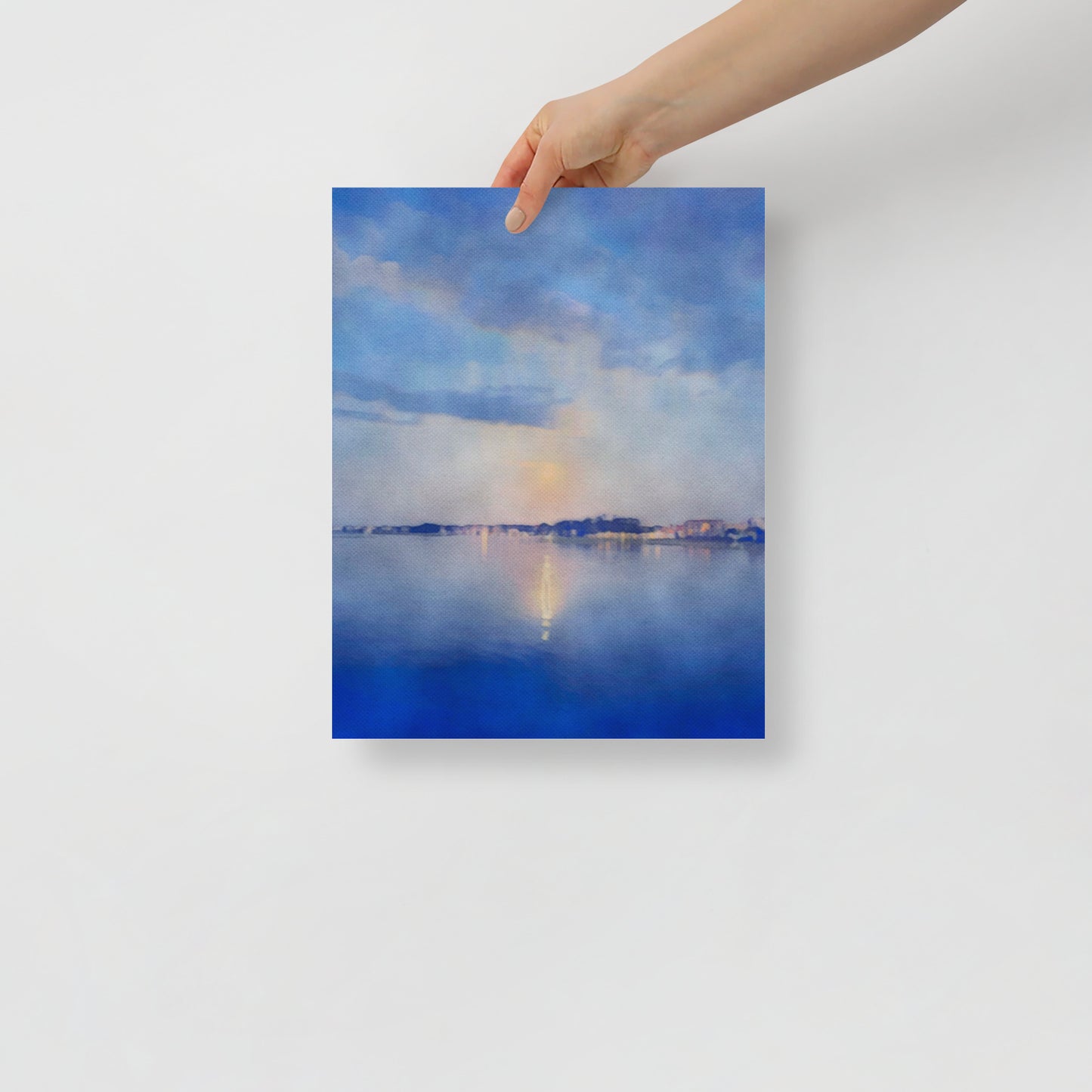 Coming Into Harbor coastal art print of Hilton Head harbor at dusk, displayed in a tranquil, beach-inspired living room.