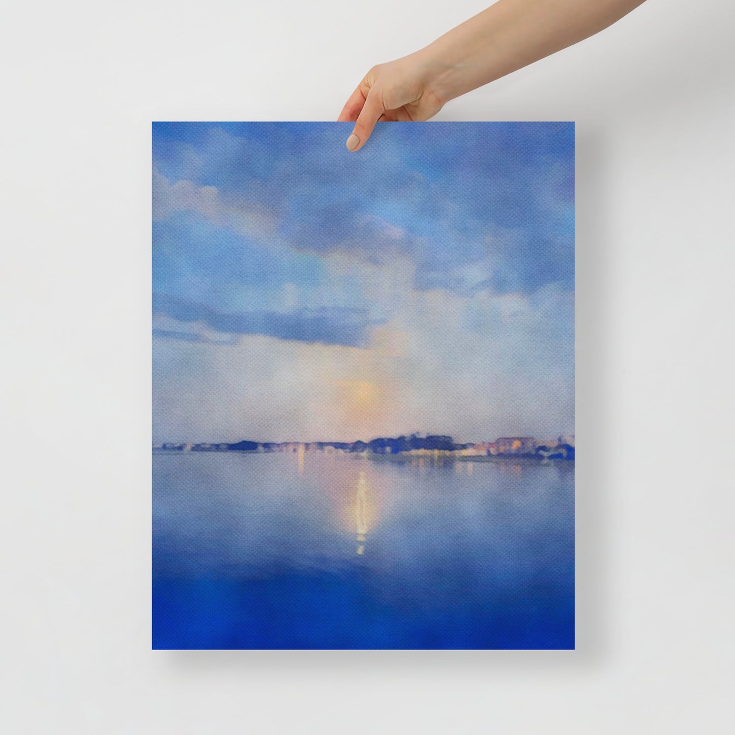 Close-up of Coming Into Harbor print featuring calm waters and soft twilight tones, ideal for serene wall decor.