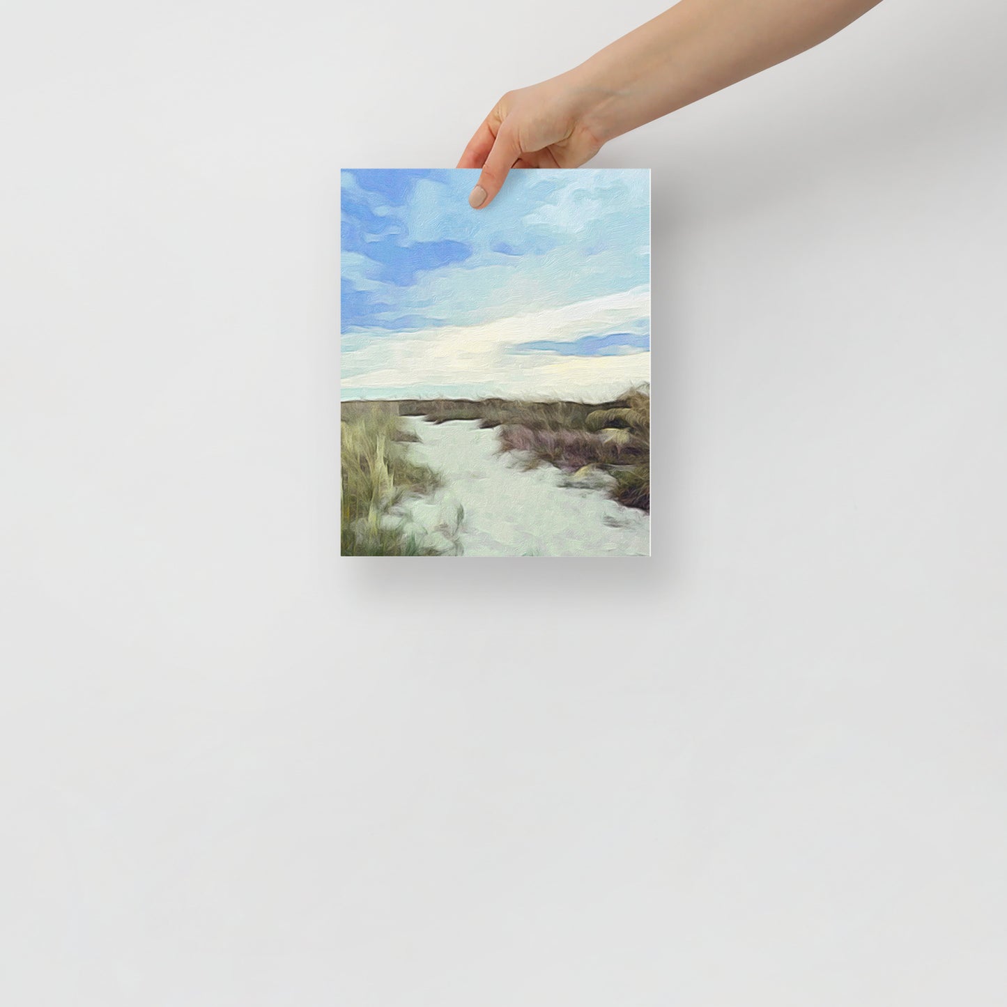 Beach sunrise art print, Daybreak on Hilton Head, adding a tranquil coastal vibe to a cozy bedroom setting.