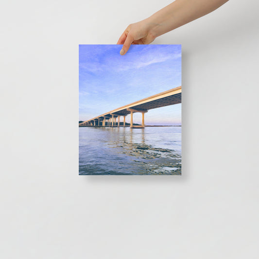 From What Was to What Will Be art print featuring Hilton Head’s Cross Island Bridge under a calm, reflective sky, for modern coastal living room decor.