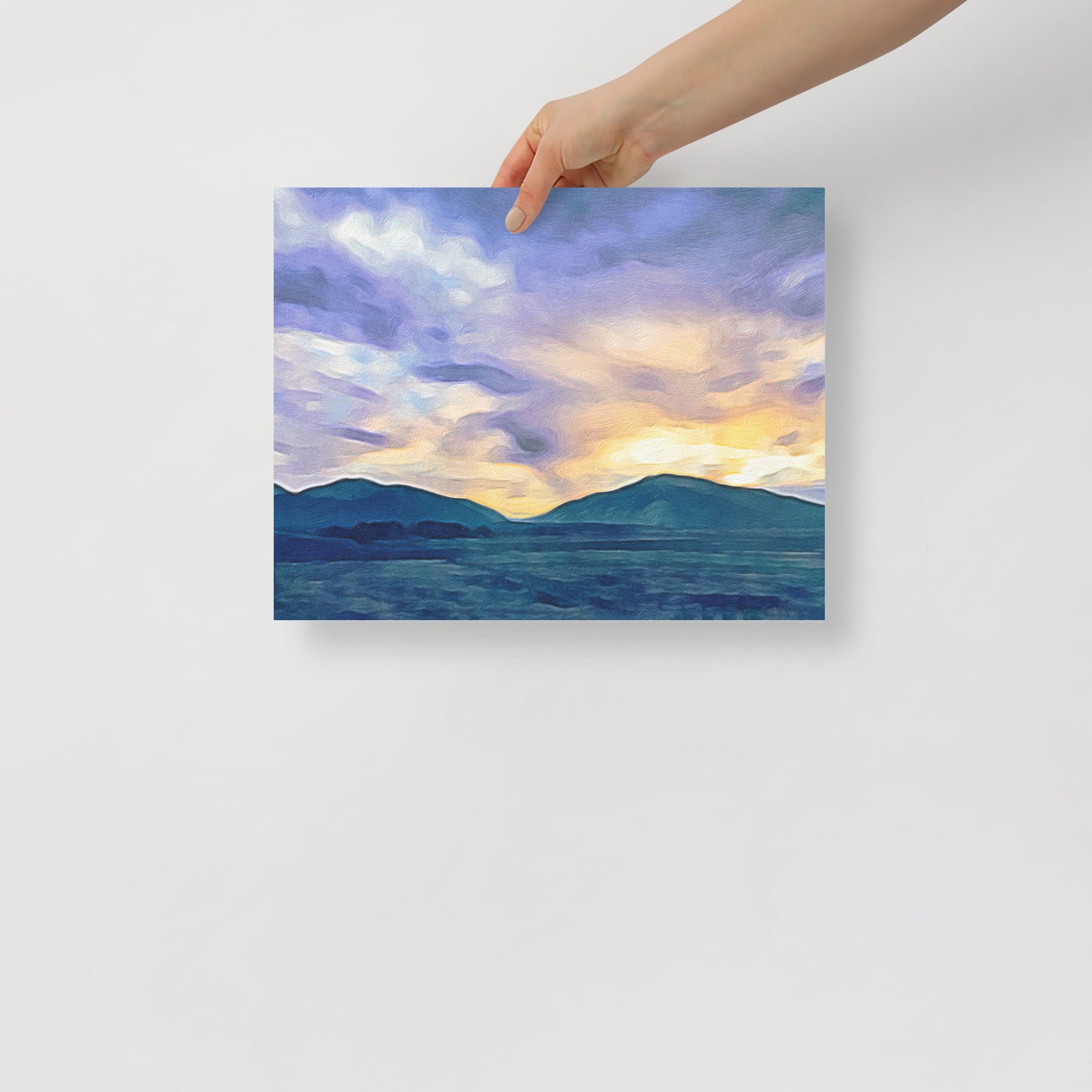 'I Climbed Over Her Stillness Until I Was High Enough' Colorado mountain art print with layered peaks and sunset sky, for rustic living room decor.