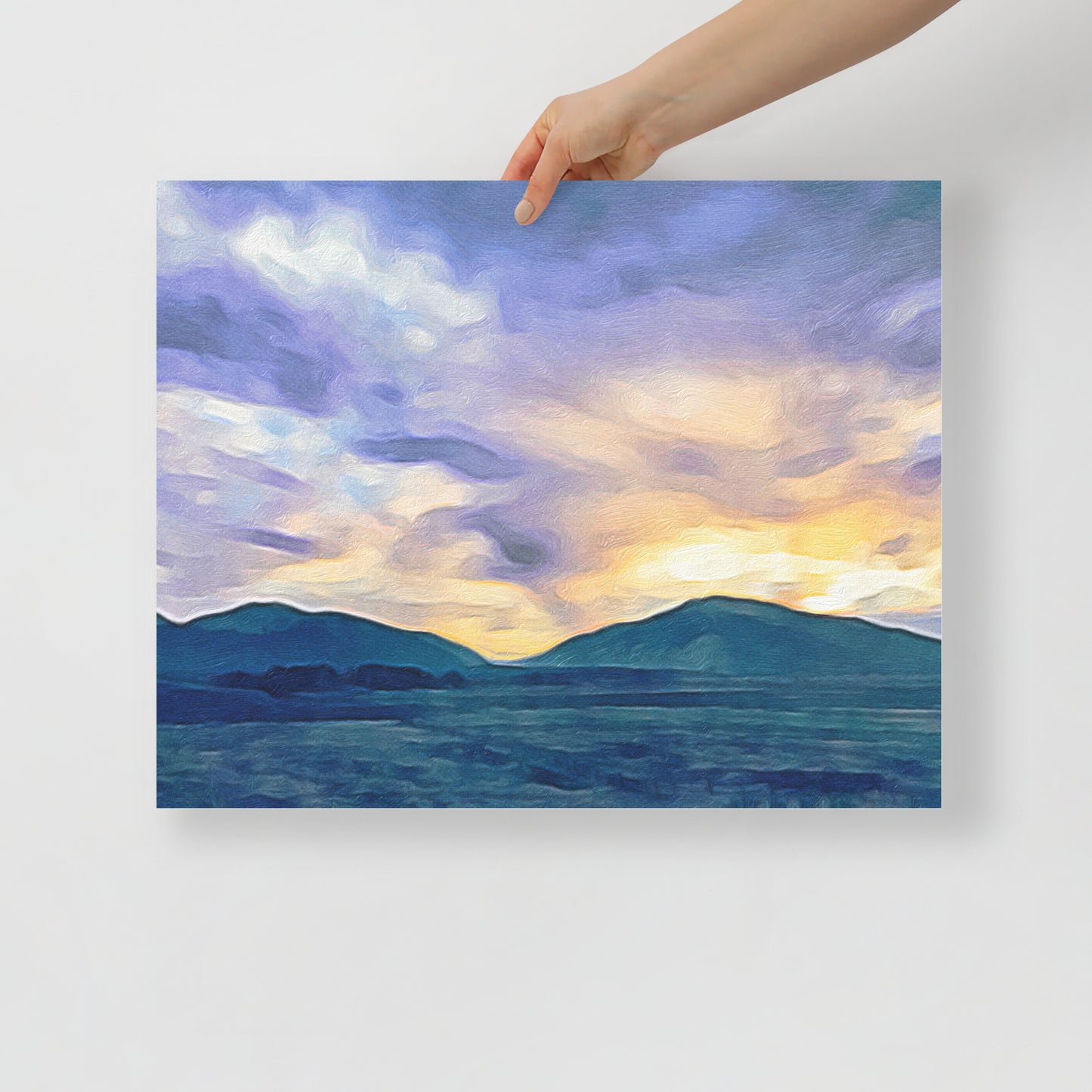 Close-up of 'I Climbed Over Her Stillness Until I Was High Enough' art print, showcasing majestic mountain range and warm earthy tones.