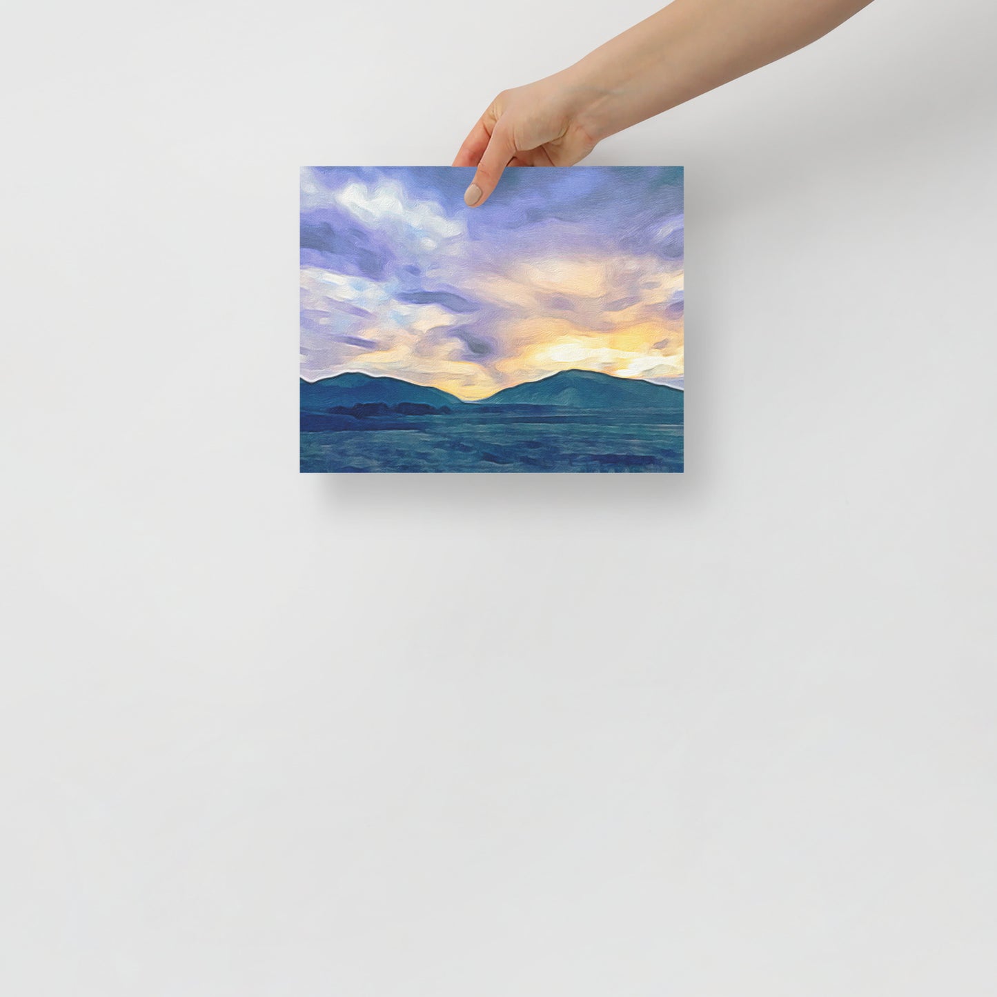 'I Climbed Over Her Stillness Until I Was High Enough' art print for cozy bedroom decor, with serene mountain scene under a colorful sky.