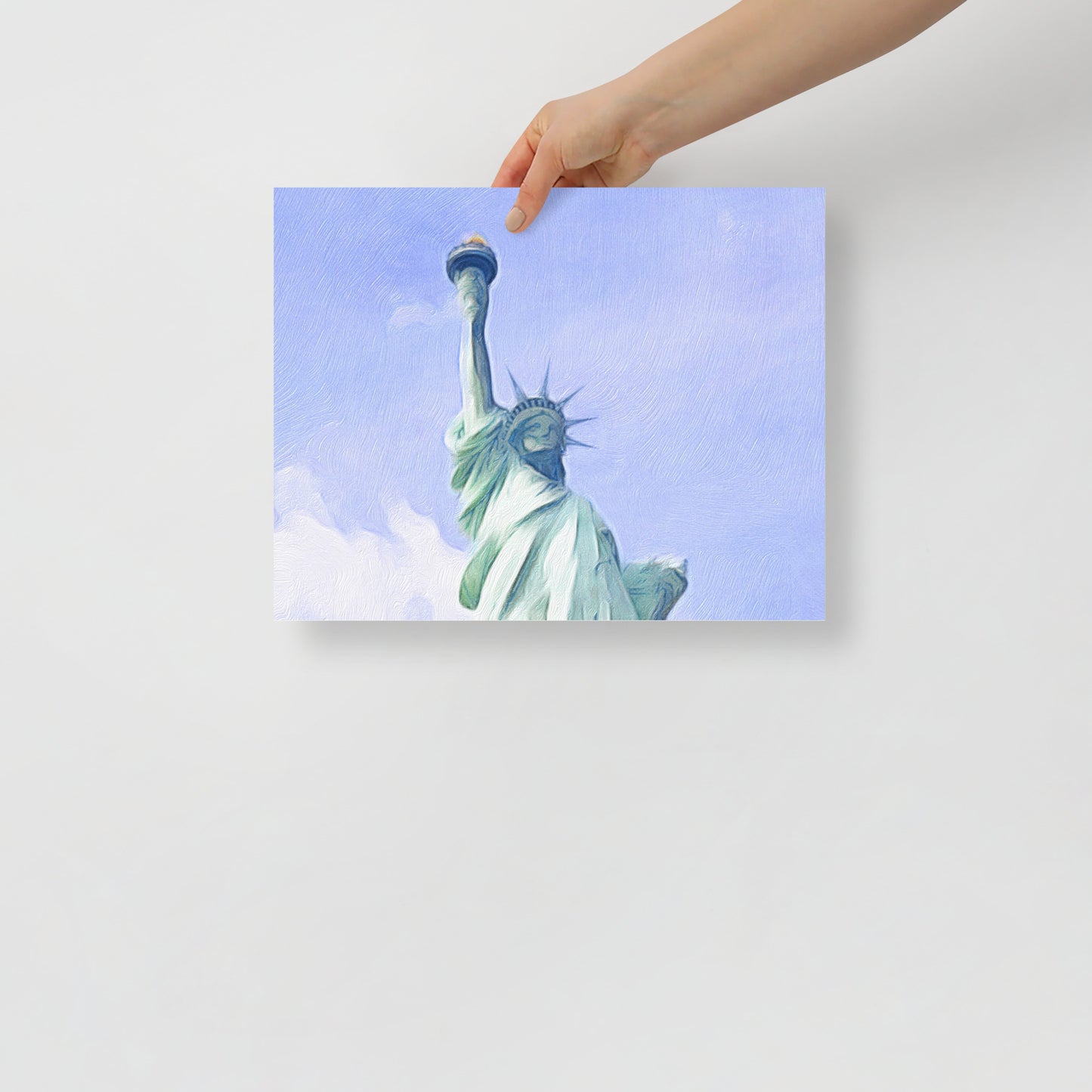 I Lift My Lamp art print featuring the Statue of Liberty with her torch raised high, for patriotic-themed living room setting.