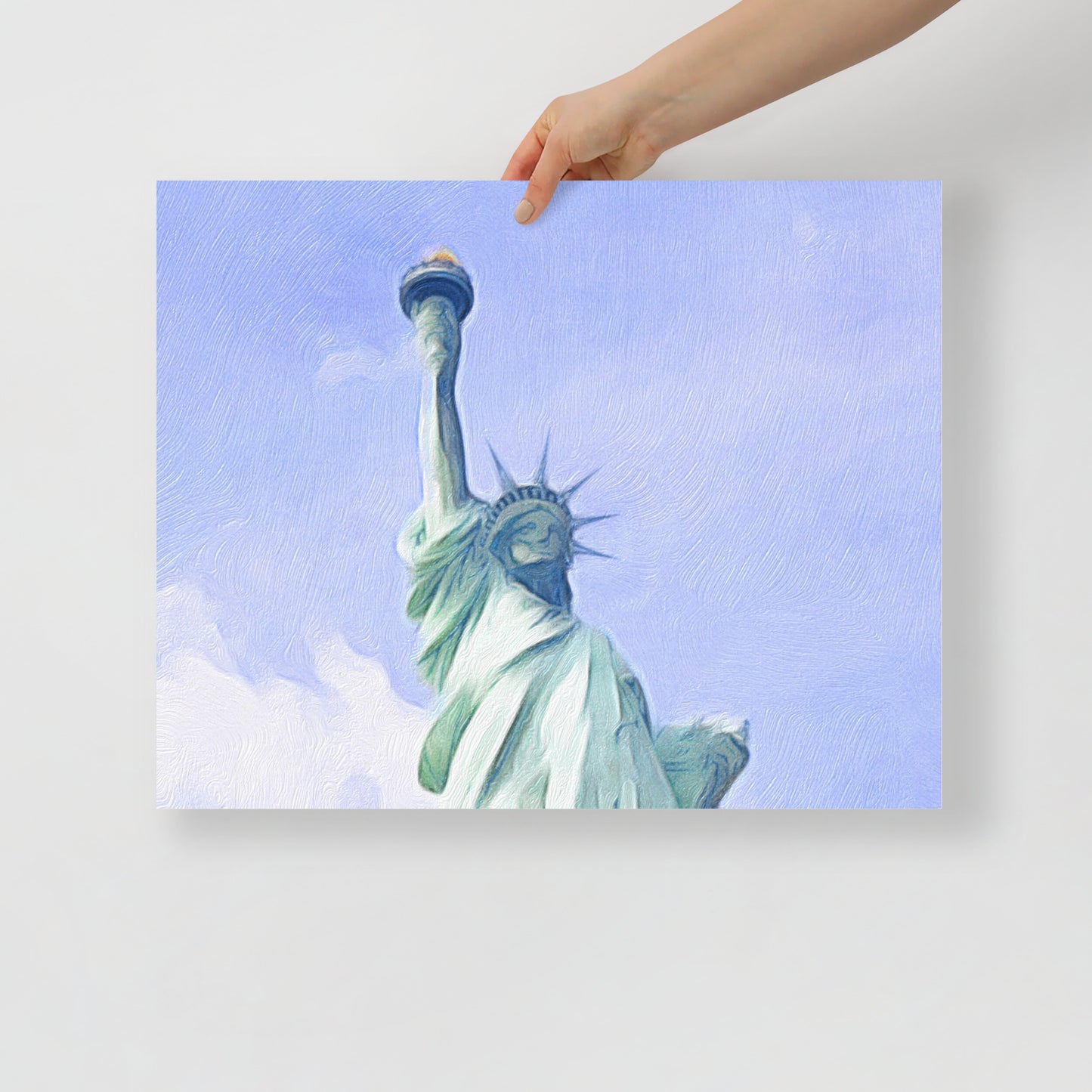 Close-up of I Lift My Lamp print, showcasing detailed artwork of the Statue of Liberty against a clear sky, ideal for inspirational wall decor.
