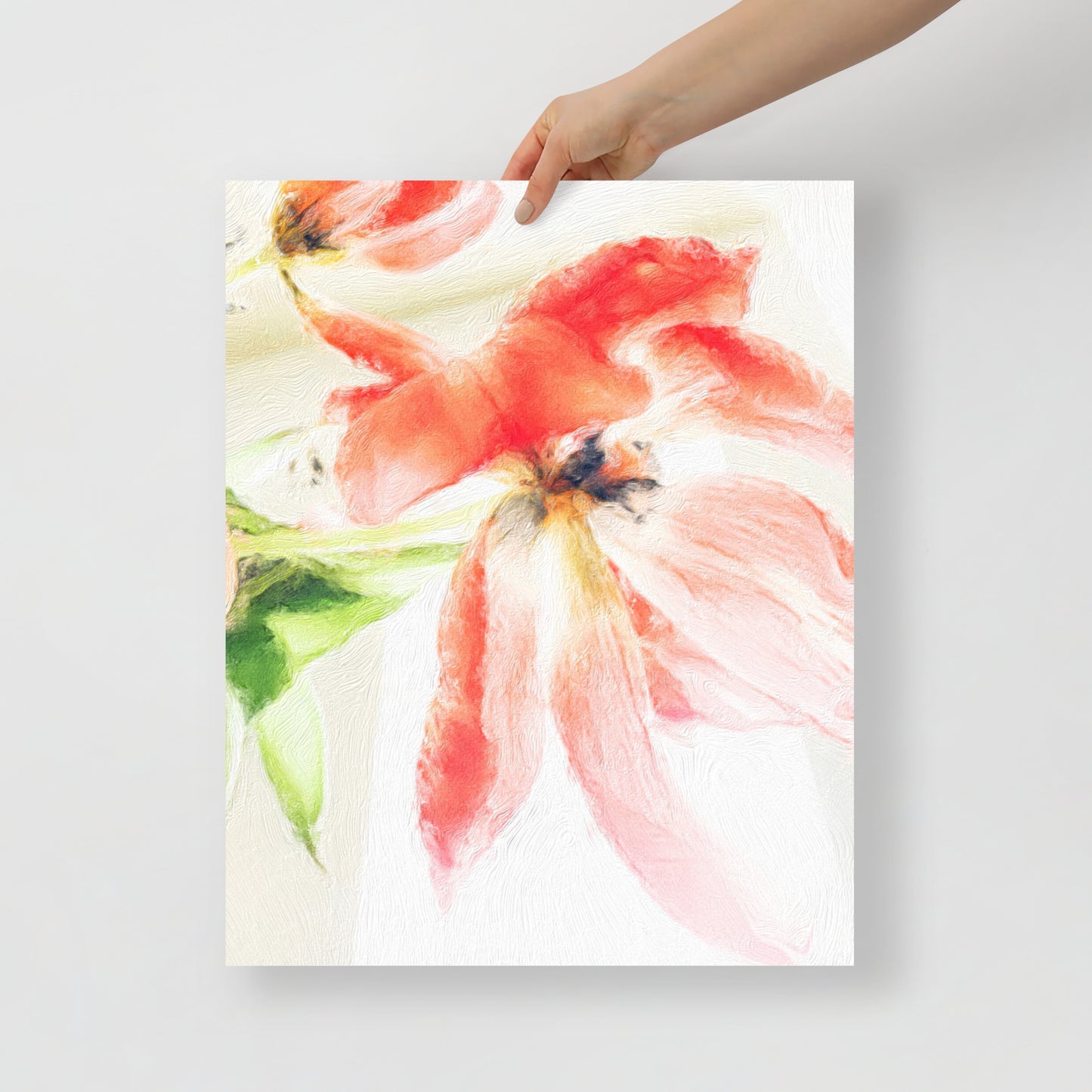 Close-up of Lingering Beauty tulip print showcasing soft pink and pastel tones.