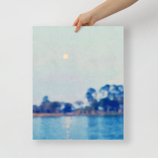 Moonlight Through Tears abstract landscape art print featuring a misty night sky with a glowing moon, for tranquil, introspective living room decor.