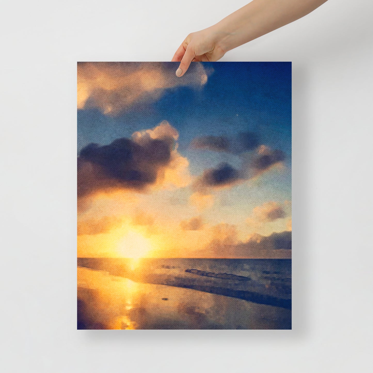 Close-up of Morning’s Reach print, highlighting bold sunrise colors and bright ocean for coastal wall decor.