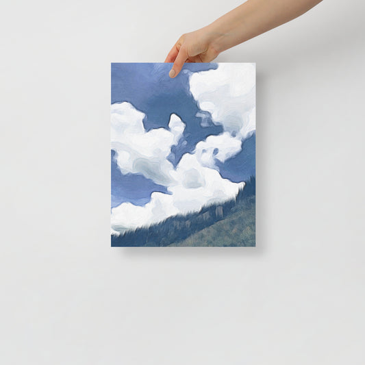 Out of Breath, I Could Finally Breathe mountain art print with soft blues and greens, for a peaceful, nature-inspired living room.