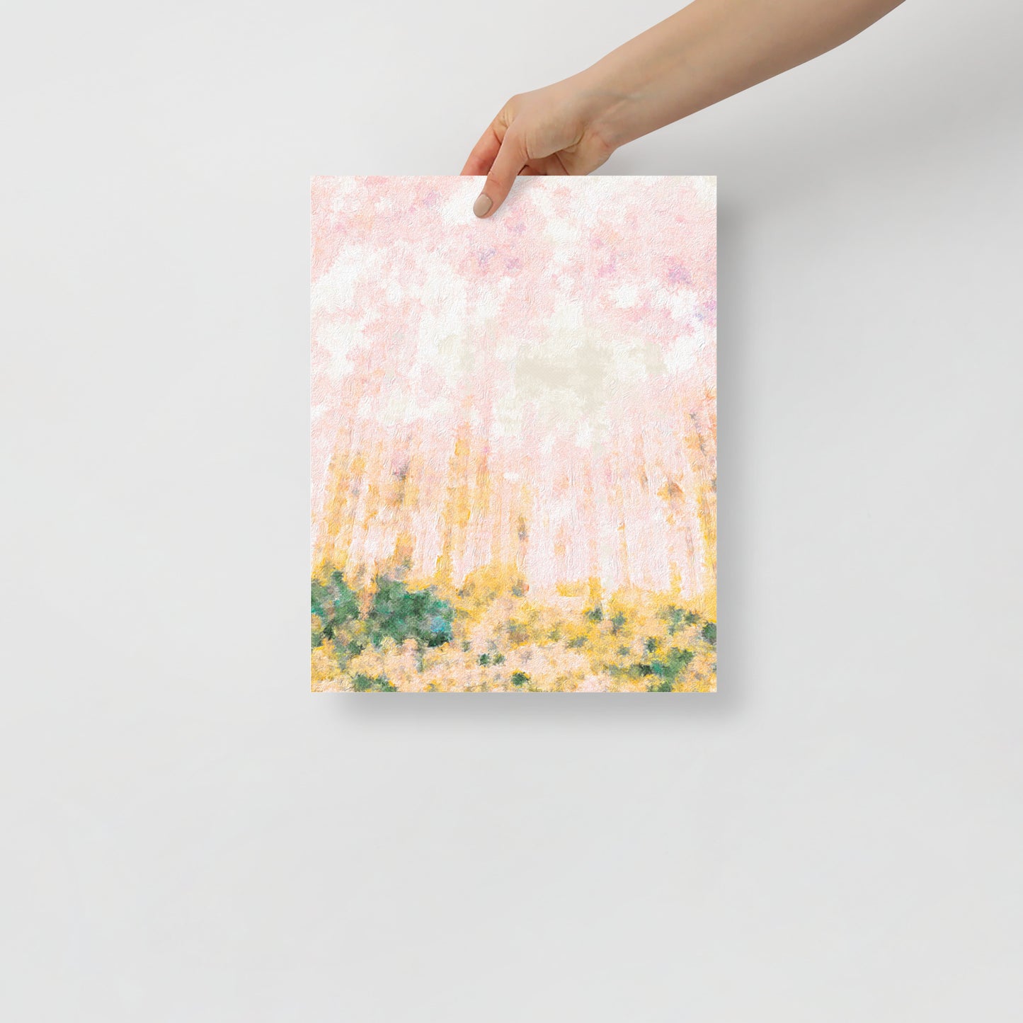 Pillars of Light art print featuring abstract pillars inspired by Utah aspens, for serene, nature-inspired living room decor.