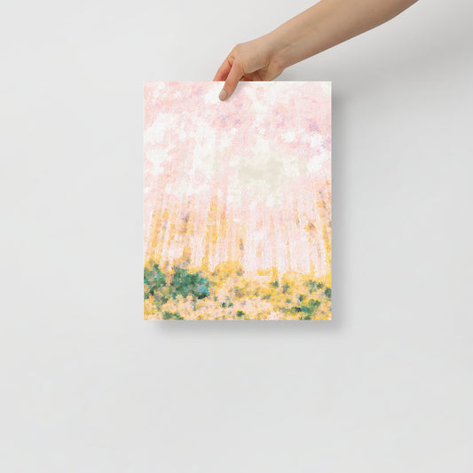 Pillars of Light art print featuring abstract pillars inspired by Utah aspens, for serene, nature-inspired living room decor.