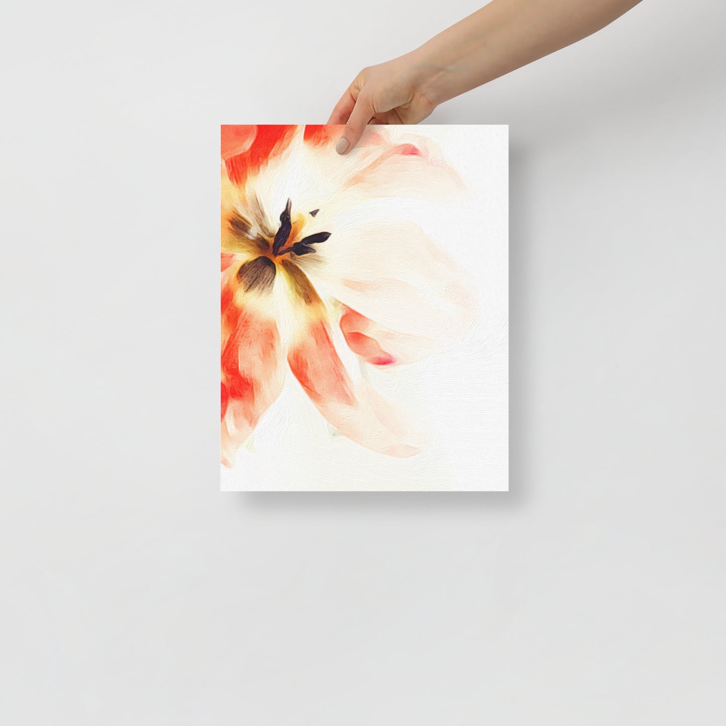 Quiet Surrender tulip art print in minimalist bedroom decor.