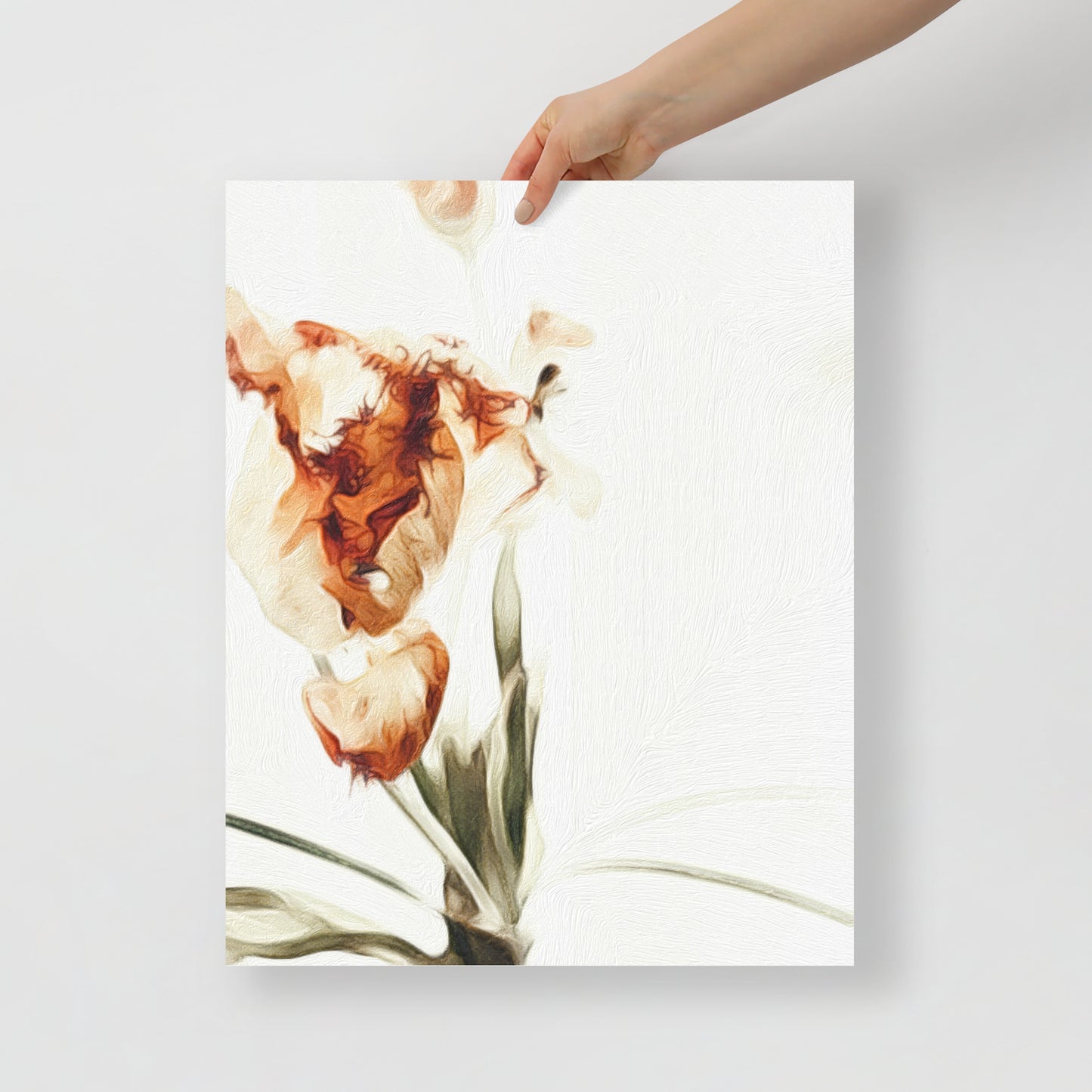 Close-up of Quietly Falling tulip print showcasing subtle, calming colors.