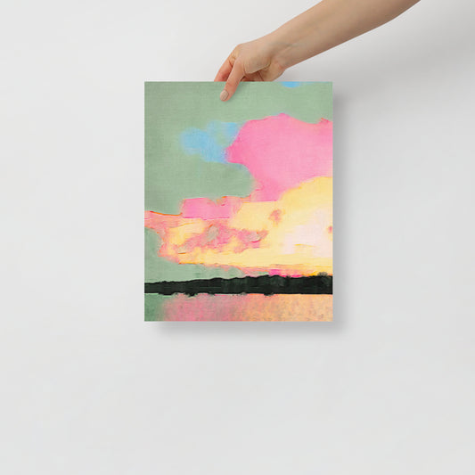 Reimagining the Sky art print with vibrant abstract colors in a coastal-inspired landscape, for modern living room decor.