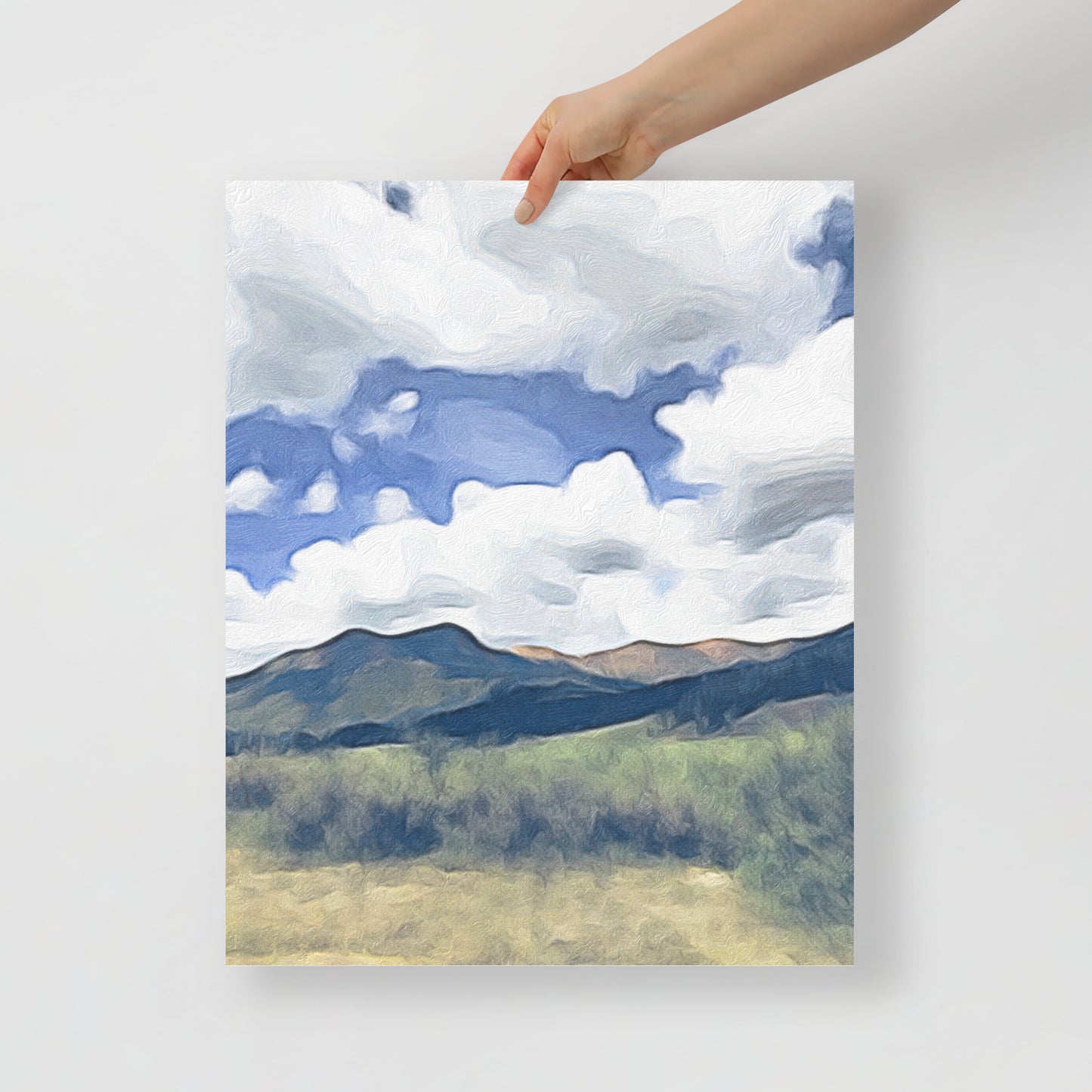 Detailed close-up of Rising Among Ruins print, showcasing mountain textures and resilient landscape.