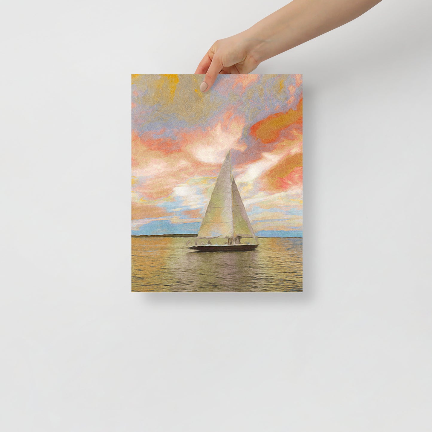 Sailing Through the Fiery Sky art print with a sailboat silhouetted against a dramatic Hilton Head sunset, for coastal living room decor.