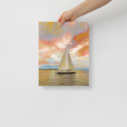 Sailing Through the Fiery Sky art print with a sailboat silhouetted against a dramatic Hilton Head sunset, for coastal living room decor.