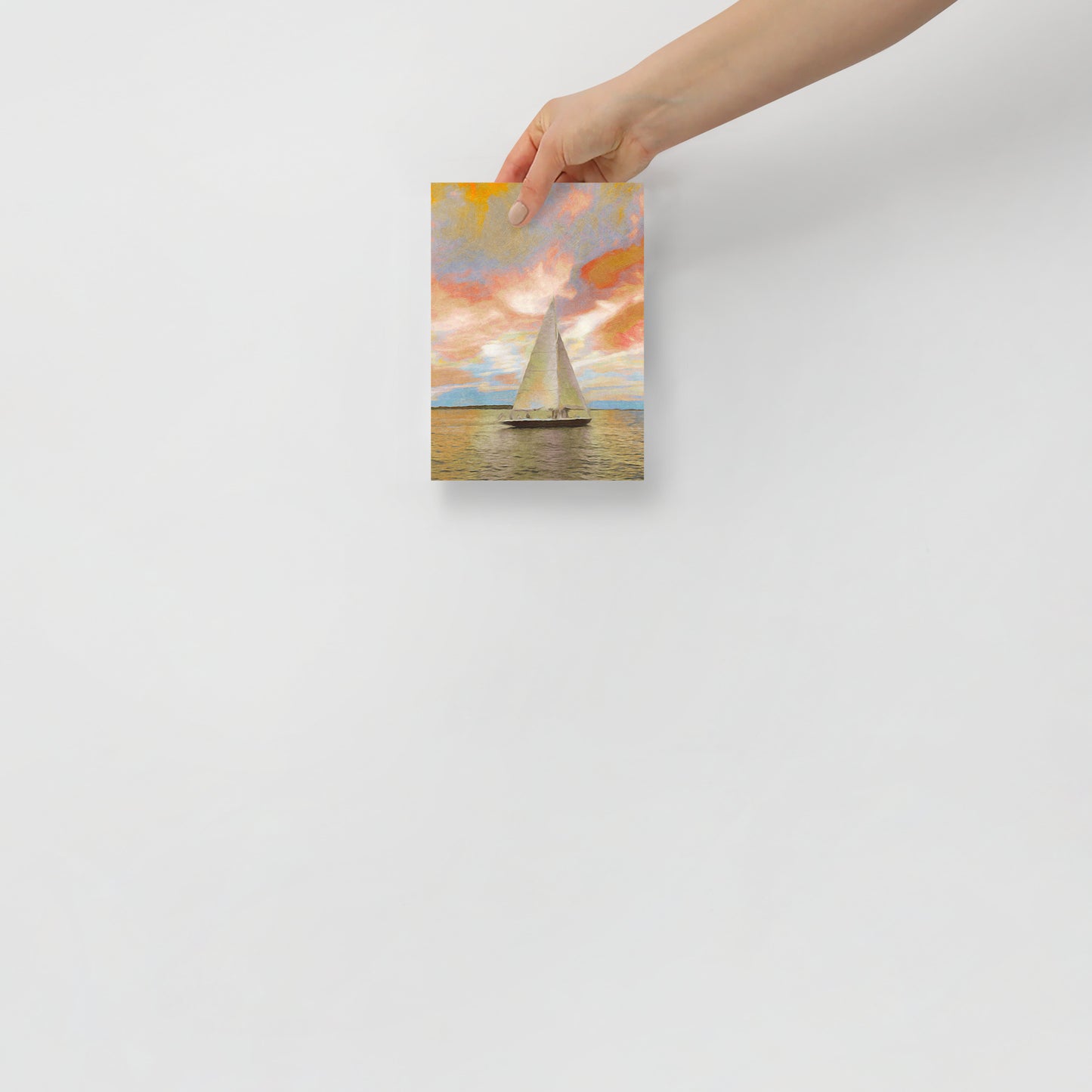 Sailing Through the Fiery Sky coastal landscape print with intense sunset hues, displayed in a contemporary home office for a bold statement.