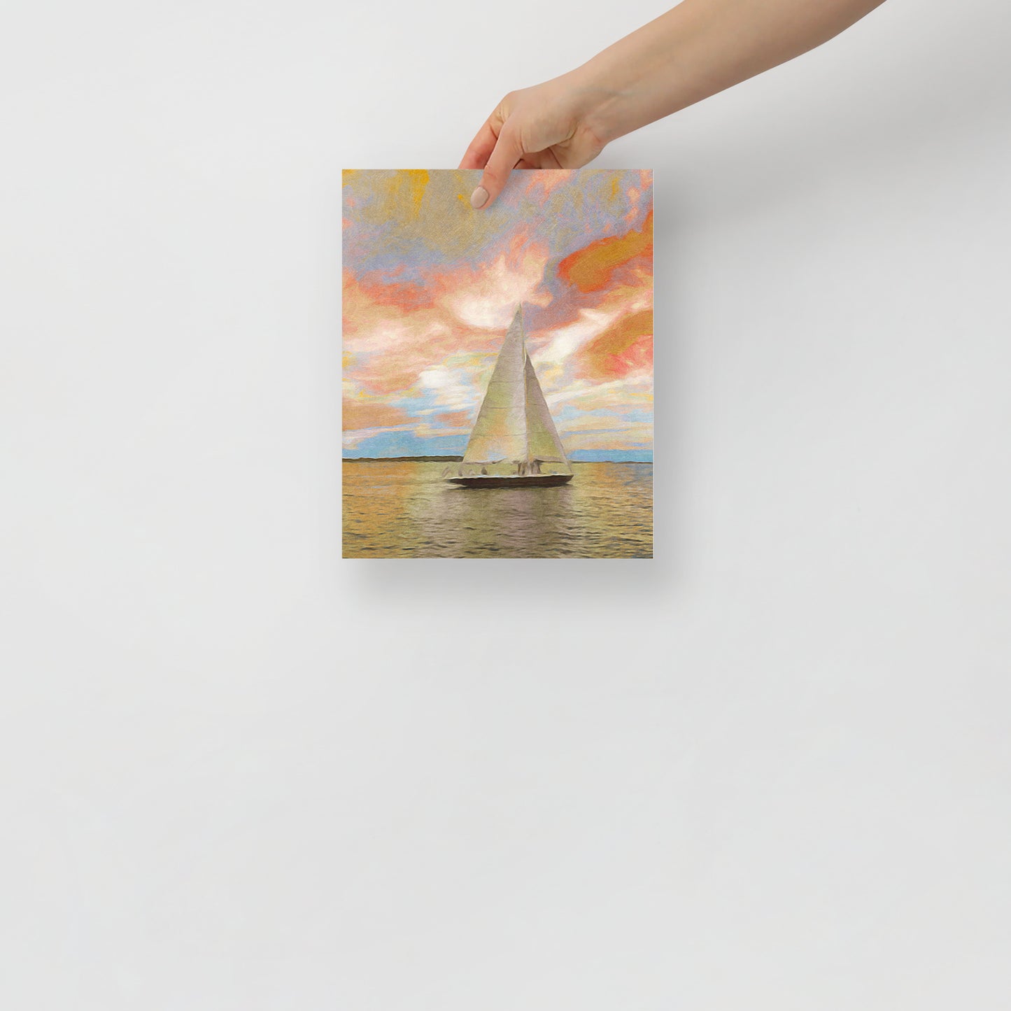 Hilton Head sunset art print, Sailing Through the Fiery Sky, adding warmth and vibrant color to a bold bedroom setting.