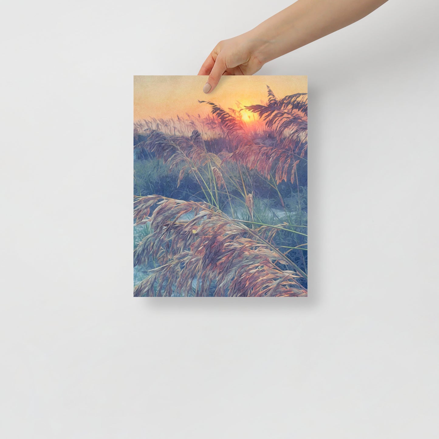 Sea Oats in Sunlight art print featuring Hilton Head beach dunes with golden light on sea oats, displayed in coastal-inspired living room decor.
