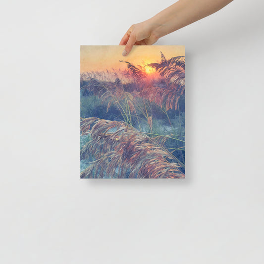 Sea Oats in Sunlight art print featuring Hilton Head beach dunes with golden light on sea oats, displayed in coastal-inspired living room decor.