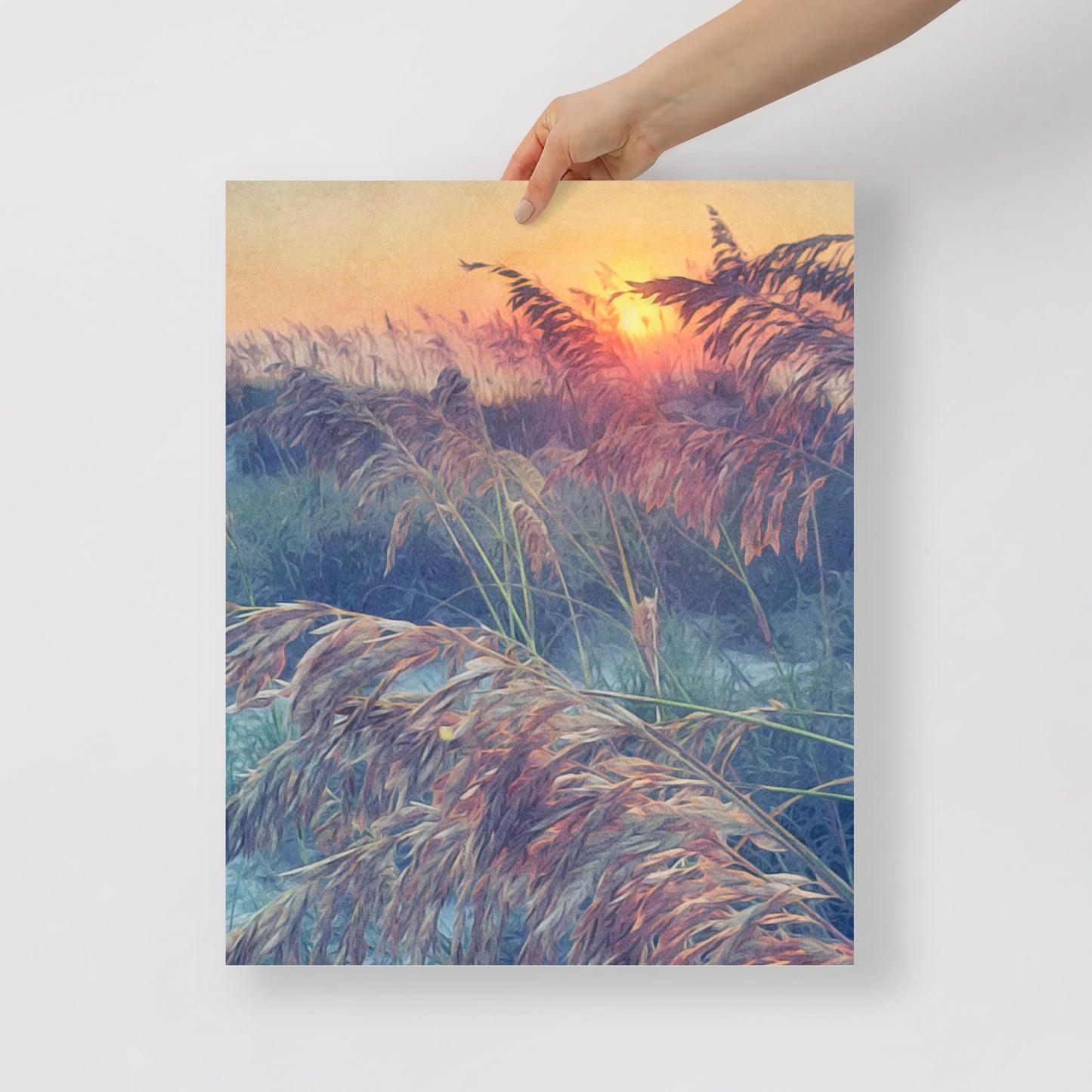 Close-up of Sea Oats in Sunlight print, highlighting sunlit sea oats with soft beach tones for tranquil wall decor.