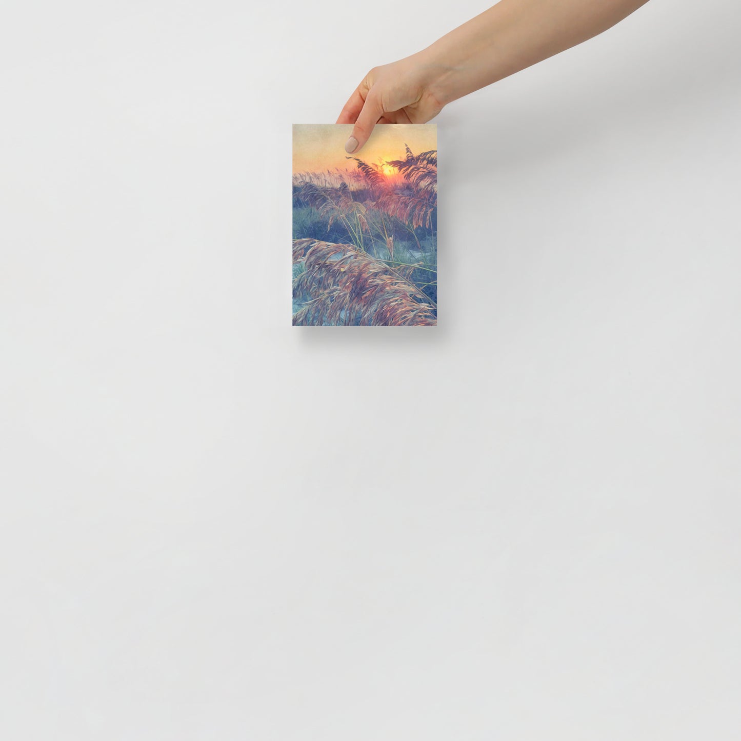 Sea Oats in Sunlight coastal nature print with golden beach scene, for bright and airy home office decor.