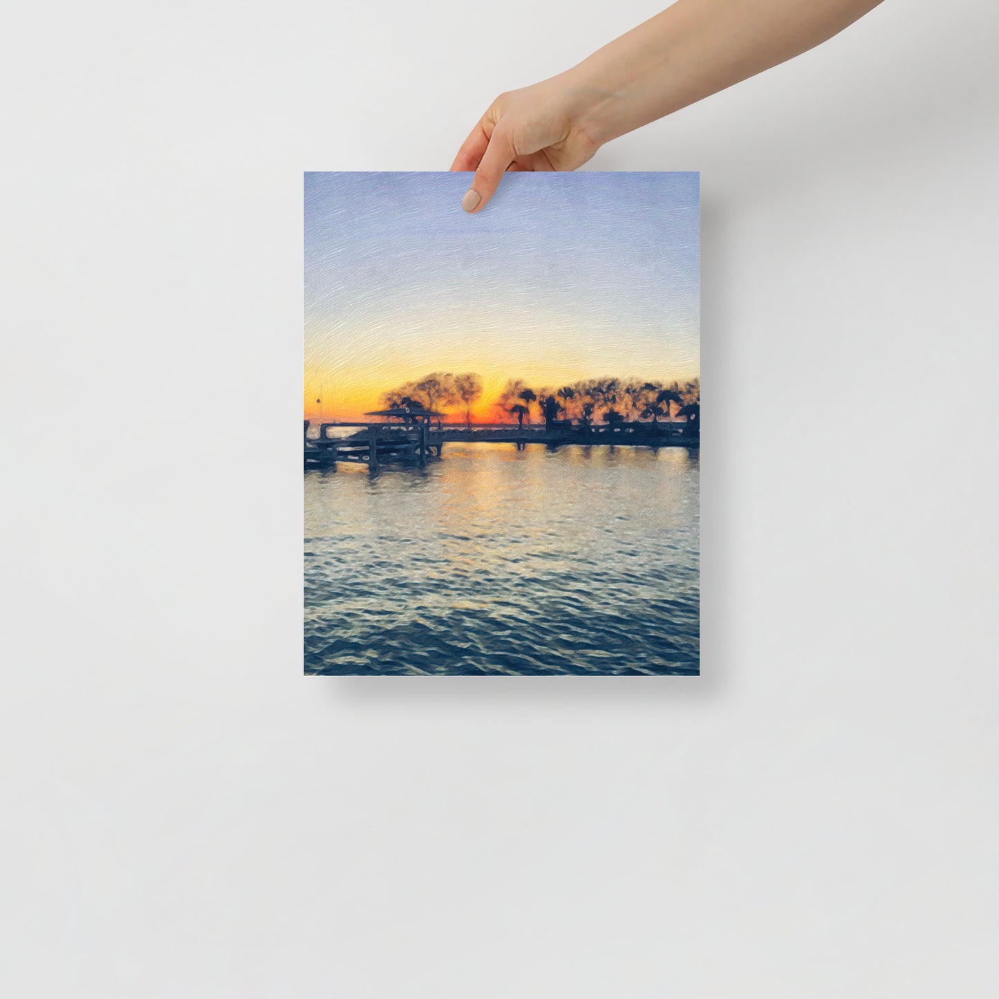 Sunset at Brams Point art print featuring Hilton Head coastal sunset with soft pink and orange tones, displayed in cozy living room decor.